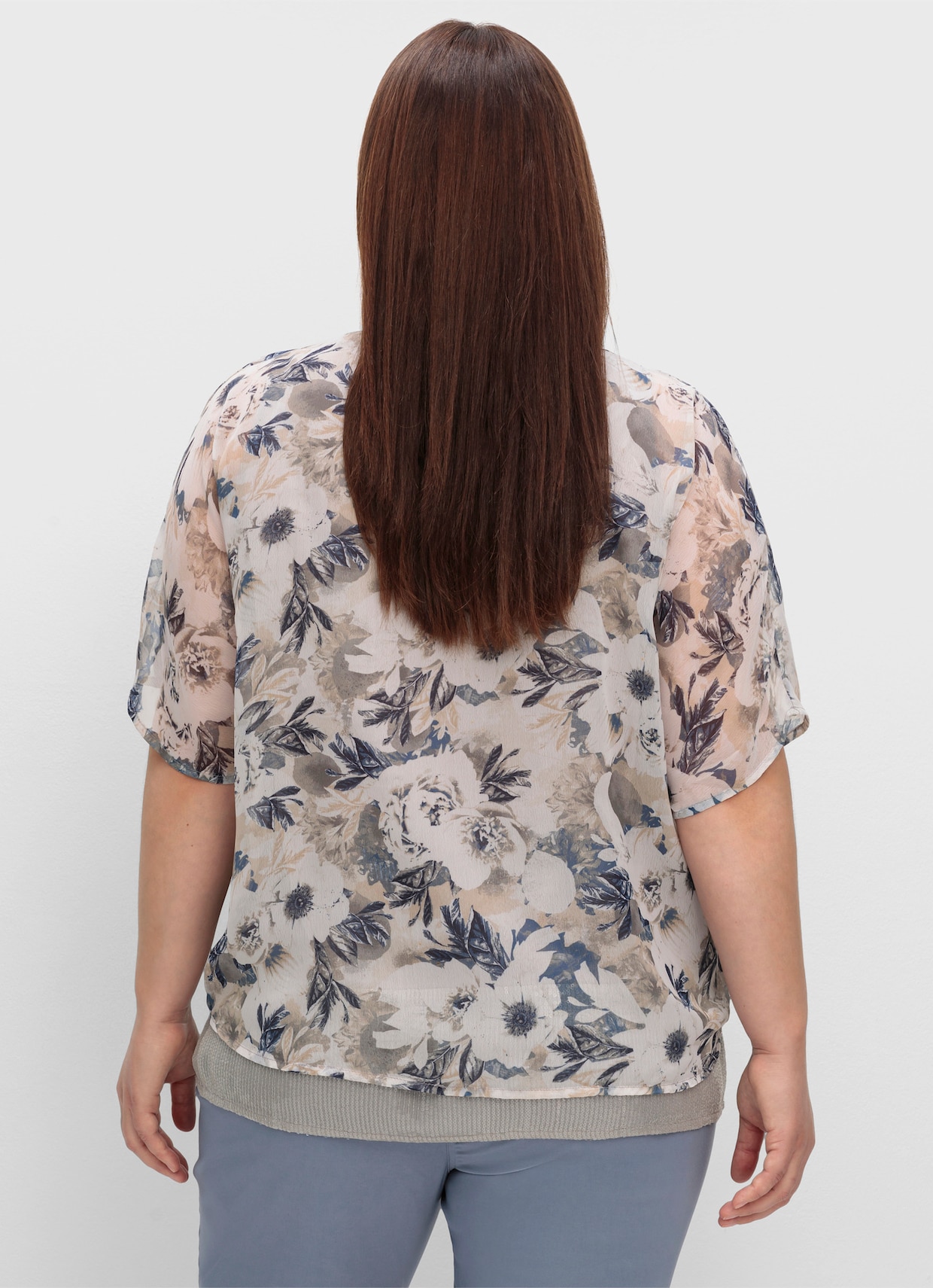 Kurzarm-Bluse - hellgrau-jeansblau-bedruckt