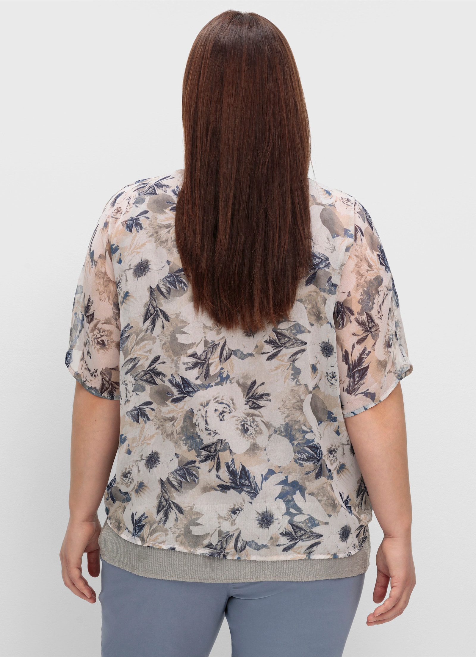 Kurzarm-Bluse im Lagen-Look, geblümt - hellgrau-jeansblau-bedruckt