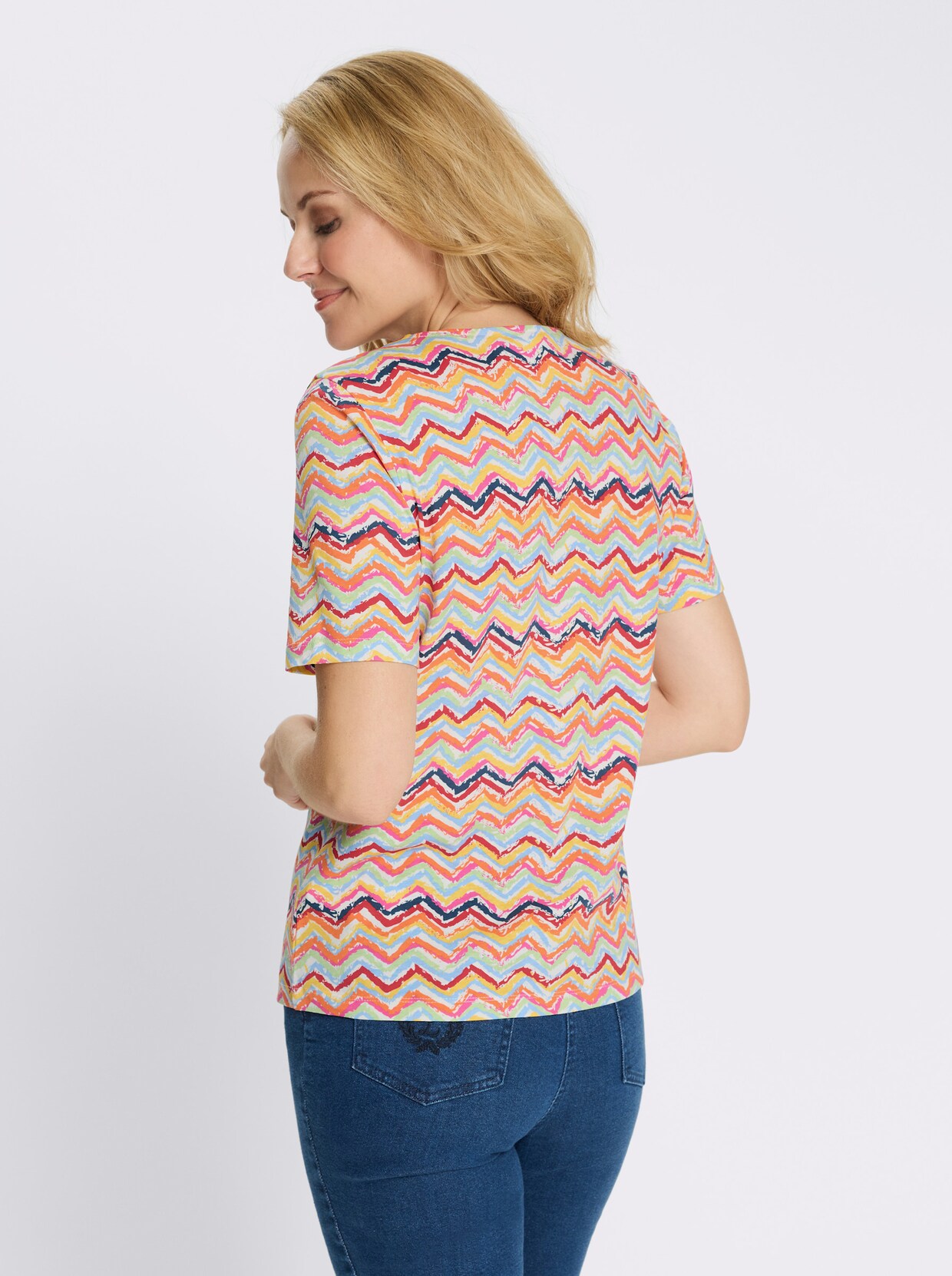 Kurzarmshirt mit Zickzack-Muster - rot-himmelblau-bedruckt