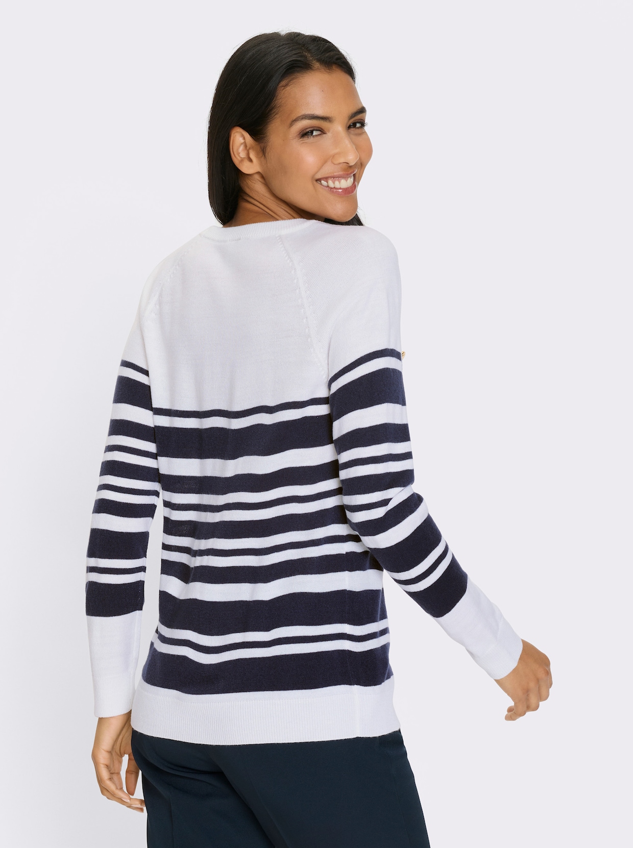 Langarm-Pullover - weiß-marine-geringelt