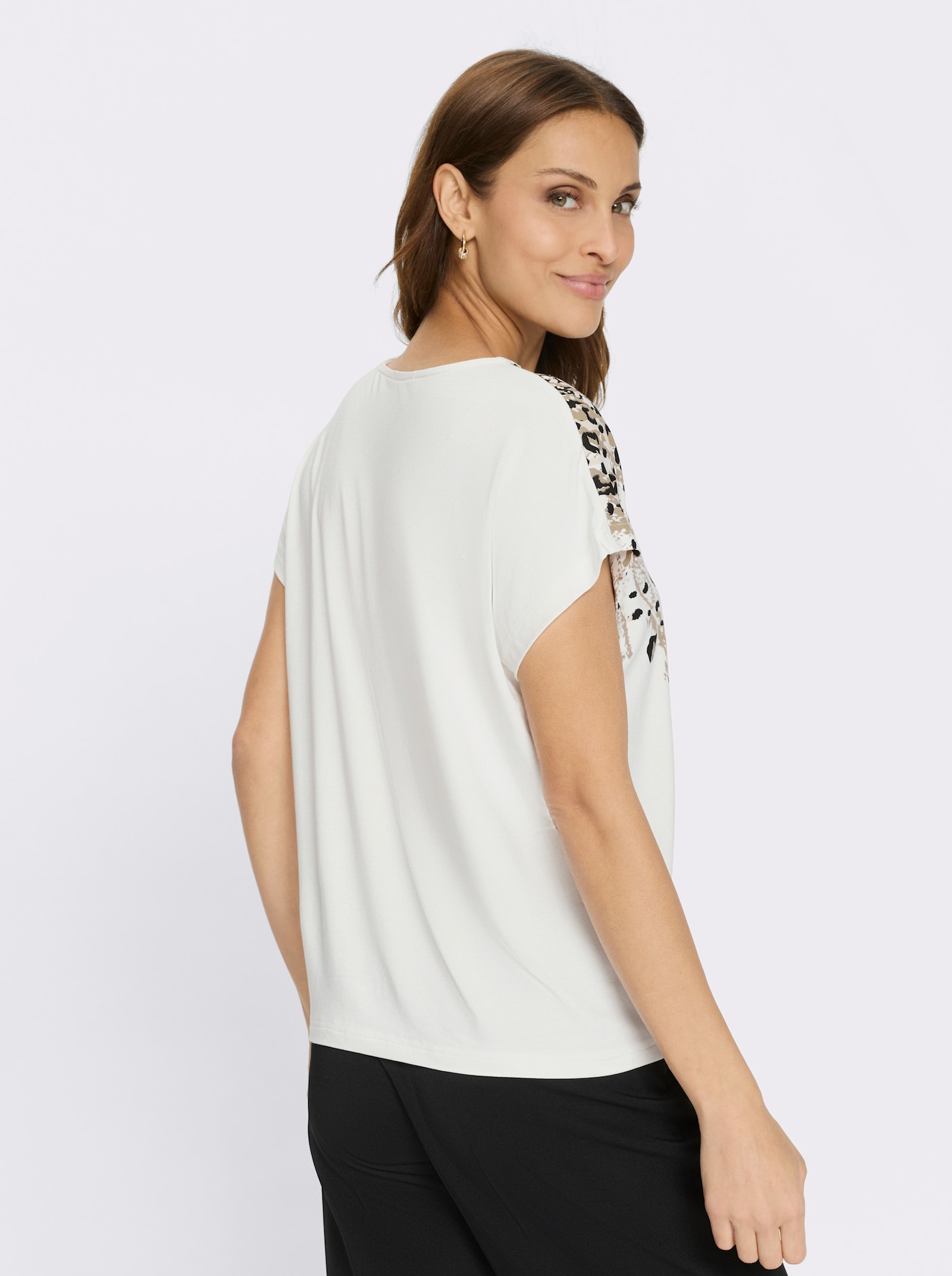 Print-Shirt mit Glitzersteinchen - ecru-schwarz-bedruckt