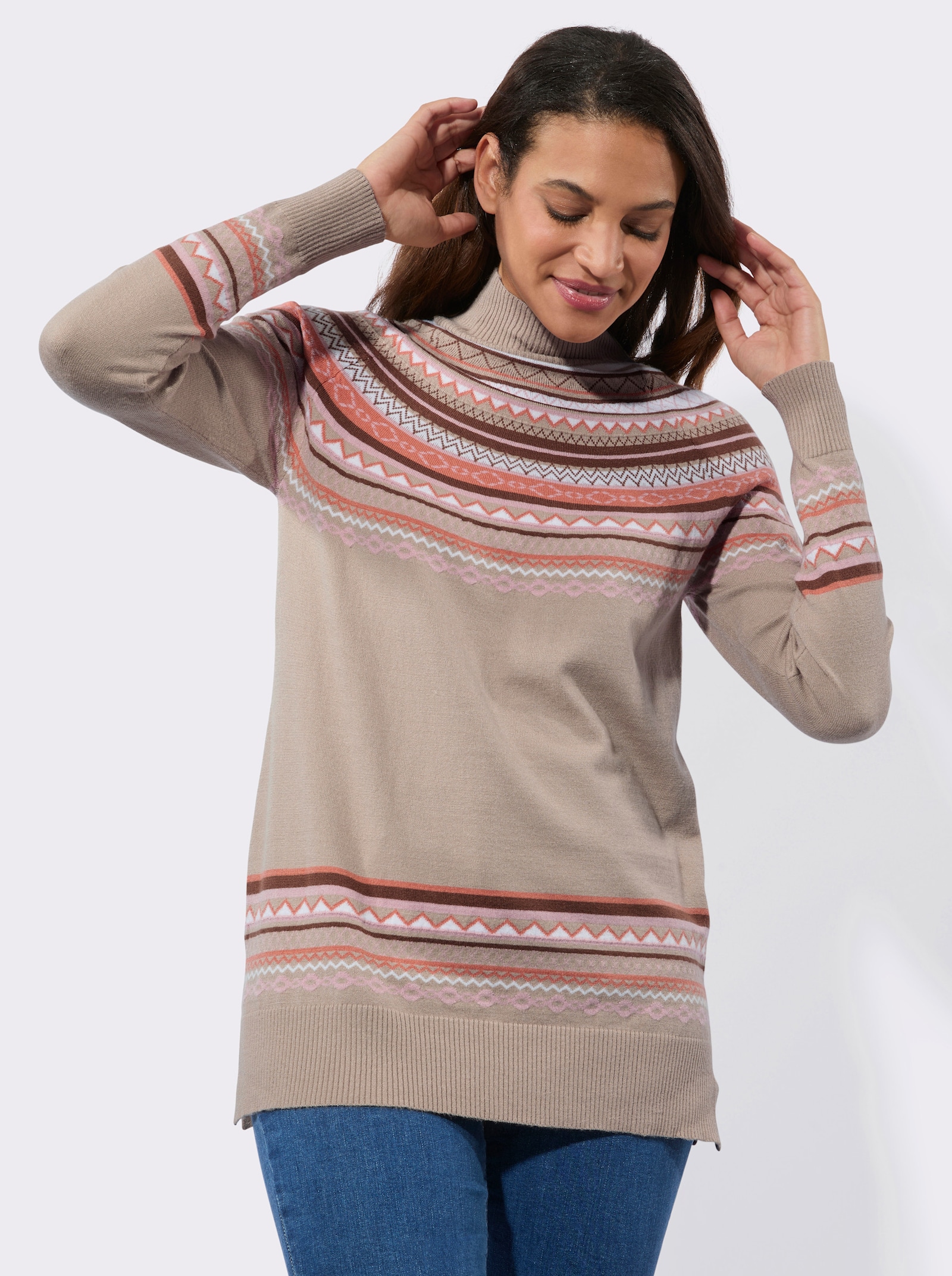 Jacquard-Pullover mit Seitenschlitzen - sesam-braun-gemustert