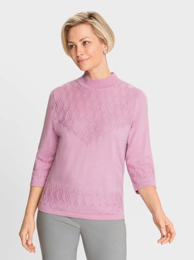Stehkragenpullover mit Stickmuster, vorne - rosé