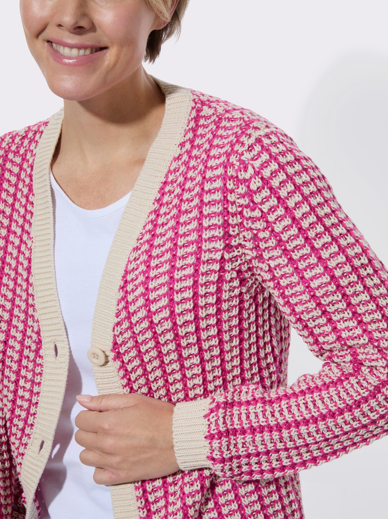 Strickjacke in zweifarbiger Melange-Optik - fuchsia-sand-gemustert
