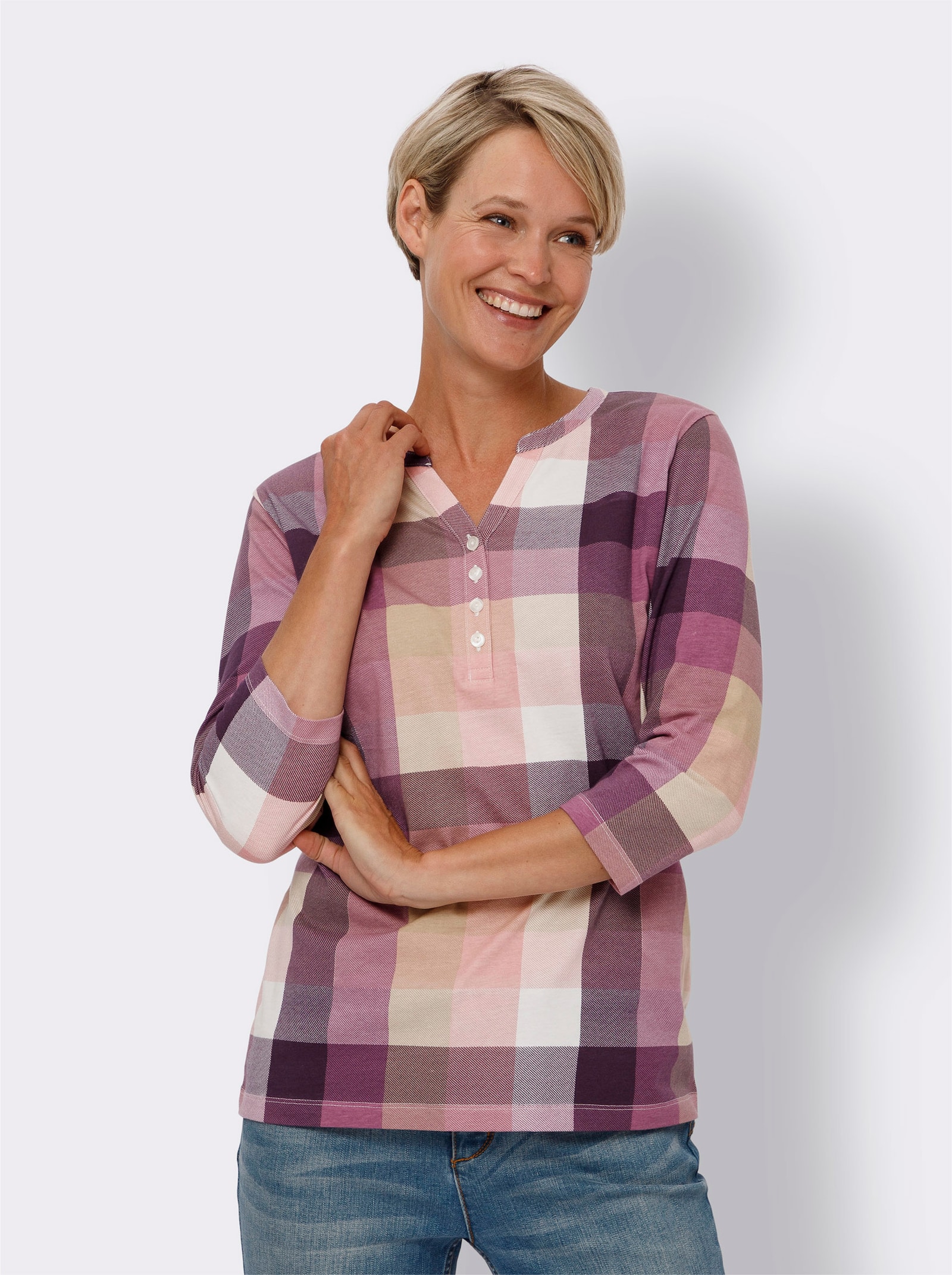 Shirt met 3/4-mouwen en grote ruiten - hortensia/ecru geruit