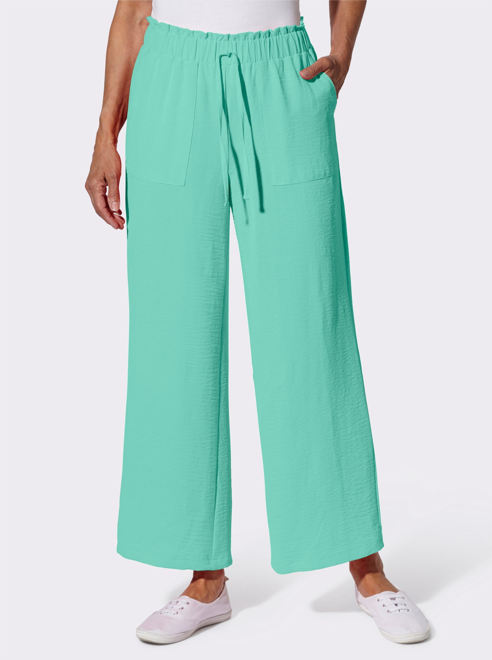 Schlupfhose in Leinen-Optik, weit geschnitten - blaugrün