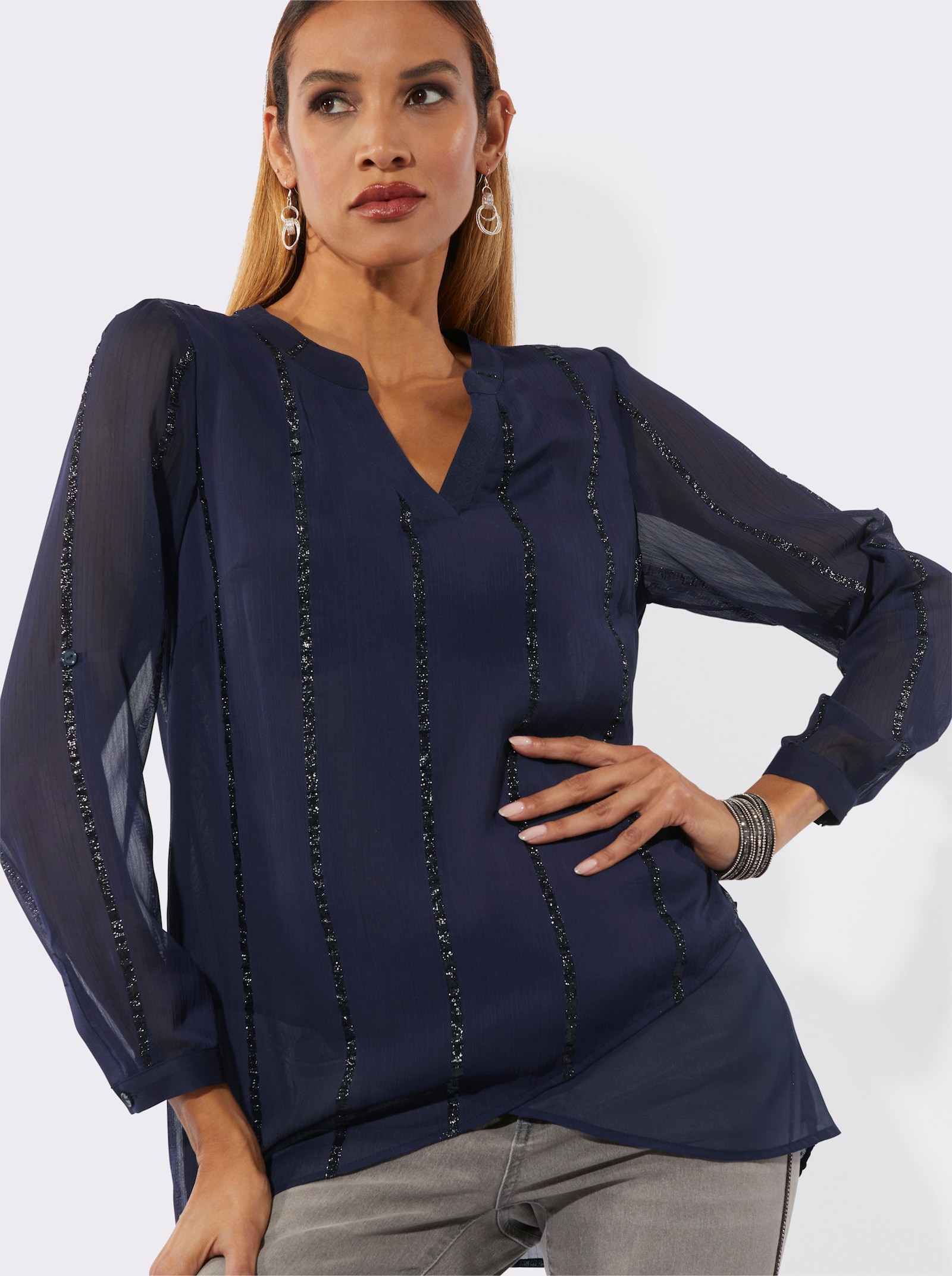 Longbluse mit Glanzstreifen - marine