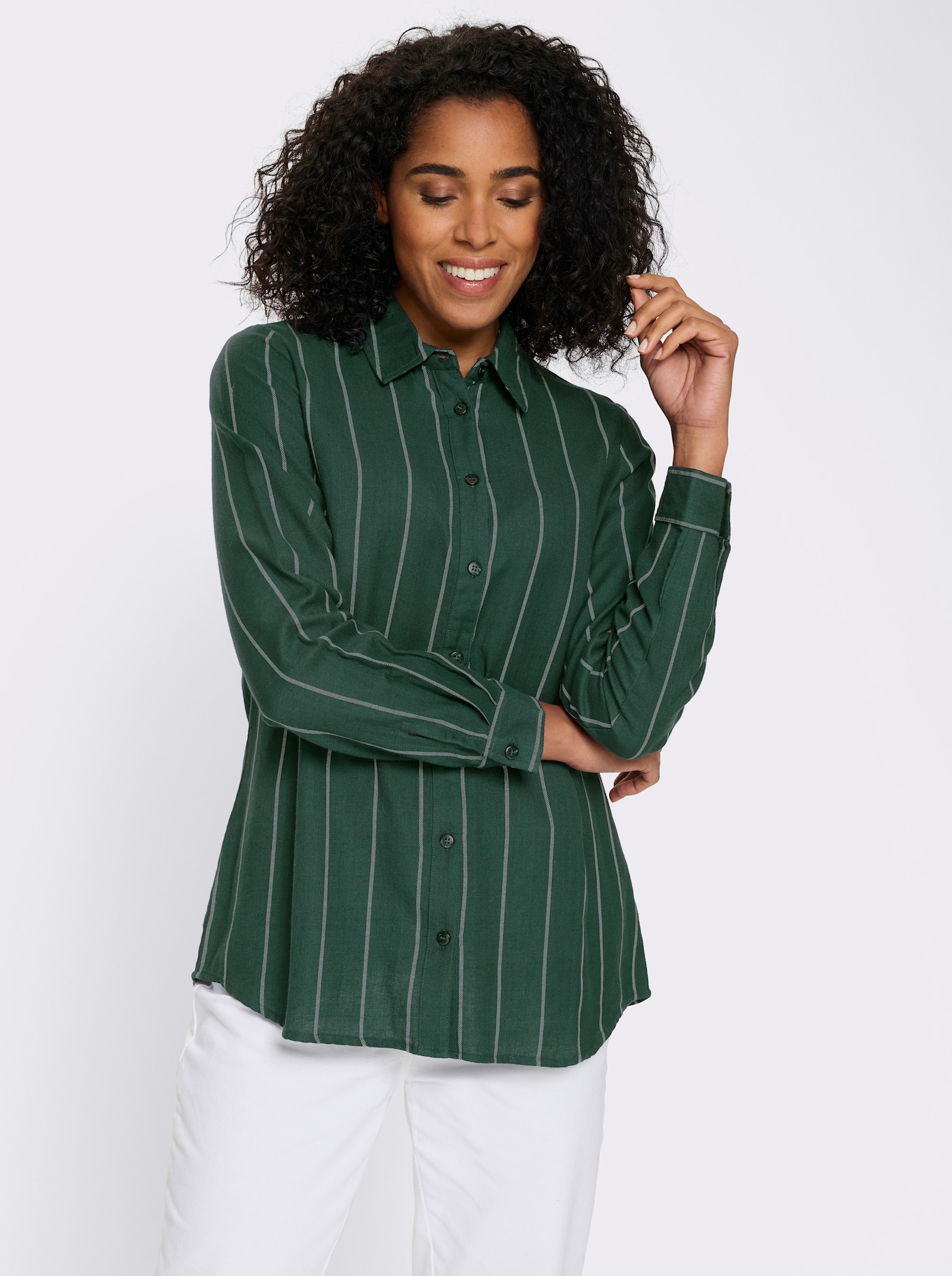 Longbluse im Streifen-Dessin - moos-ecru-gestreift