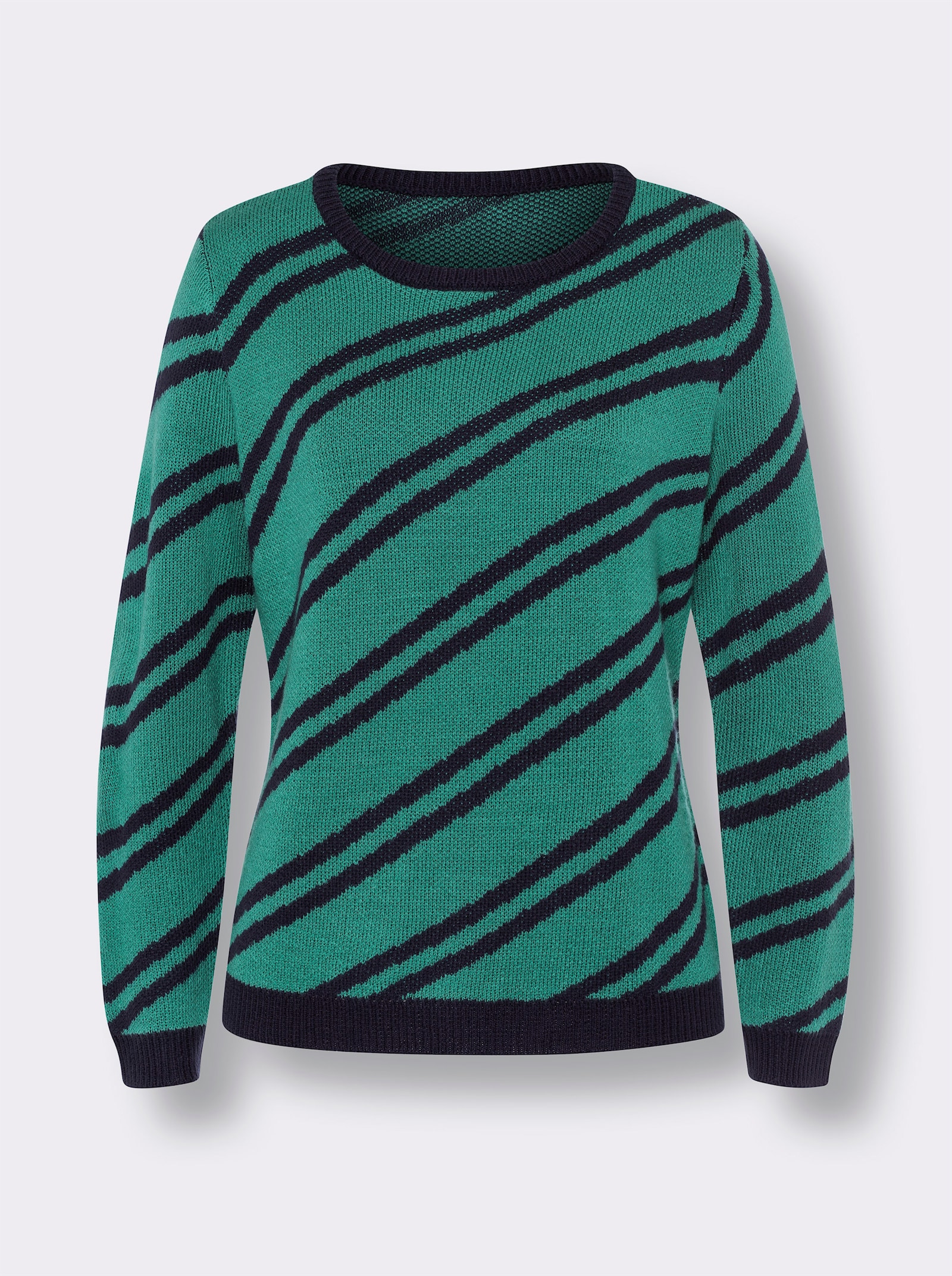 Langarm-Pullover mit diagonalen Streifen - marine-smaragd-gestreift