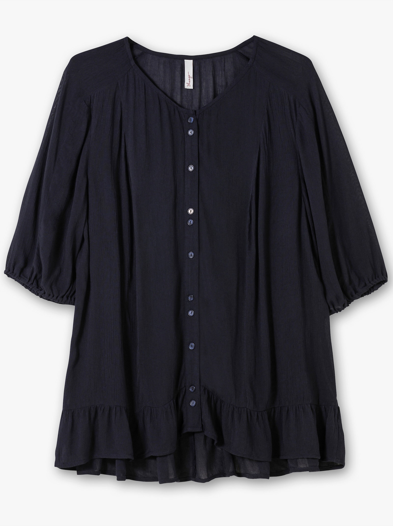 sheego Kurzarmbluse mit Volants am Saum - tiefblau