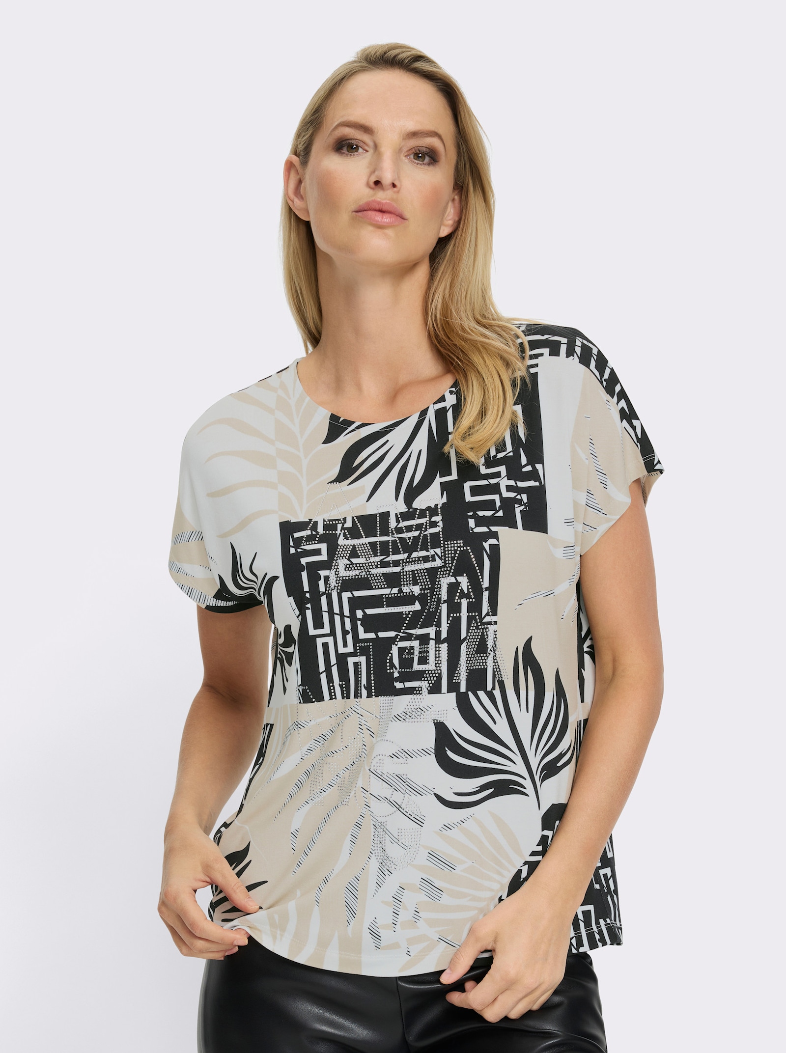 heine Kurzarmshirt mit grafischem Druck-Dessin - sand-schwarz-bedruckt