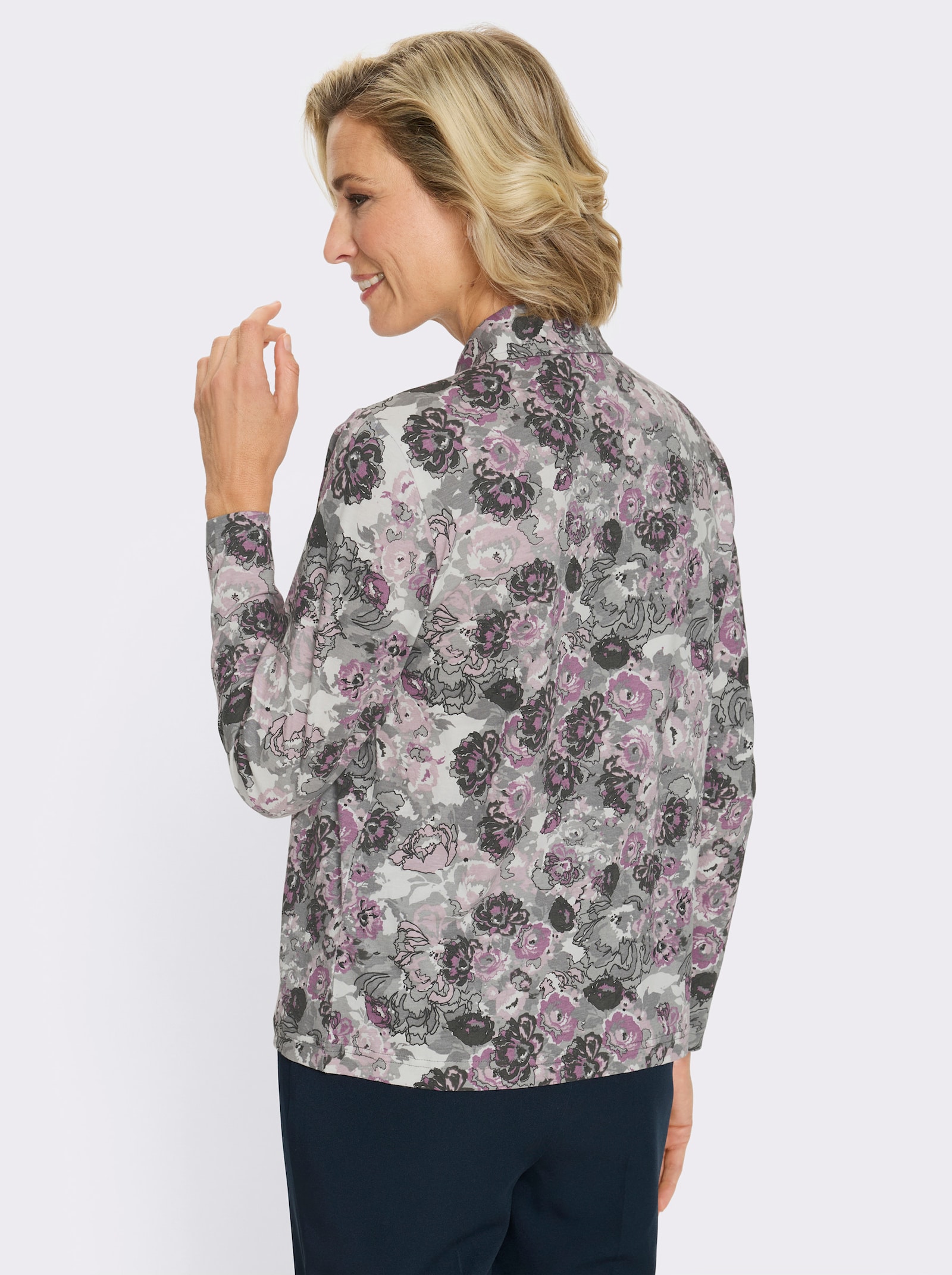 Poloshirt im floralen Dessin - steingrau-mauve-bedruckt