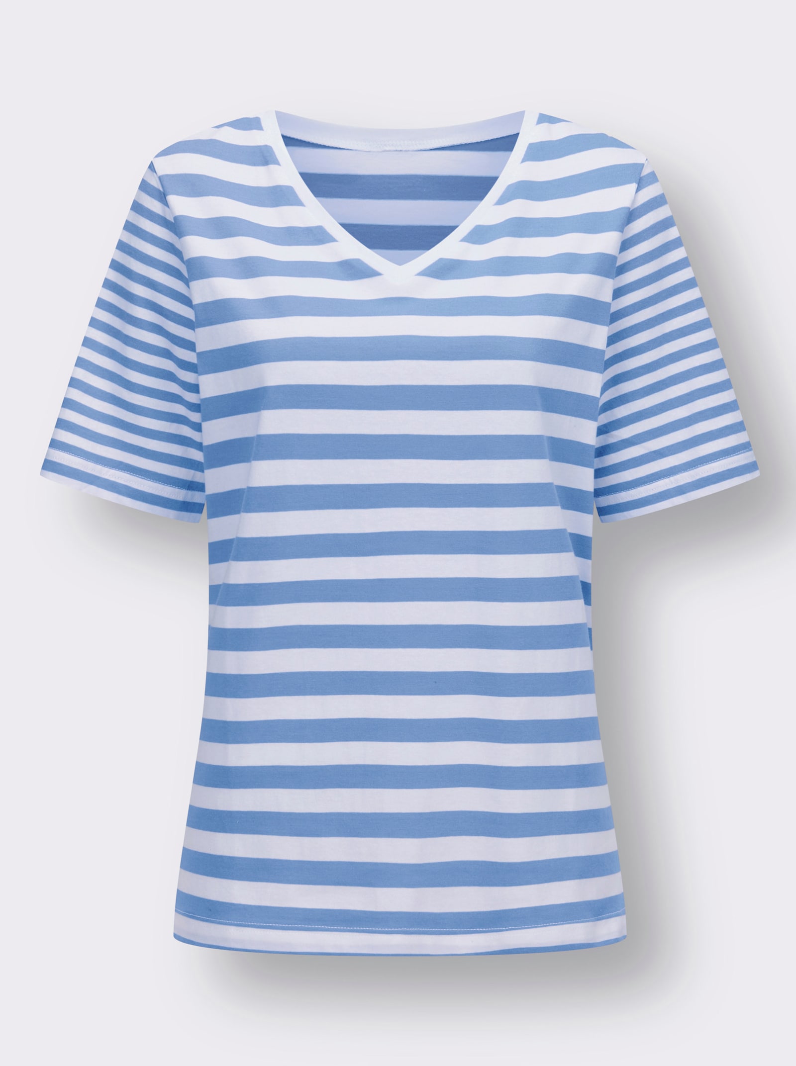 Kurzarmshirt , hochwertig garngefärbt - himmelblau-weiss-geringelt