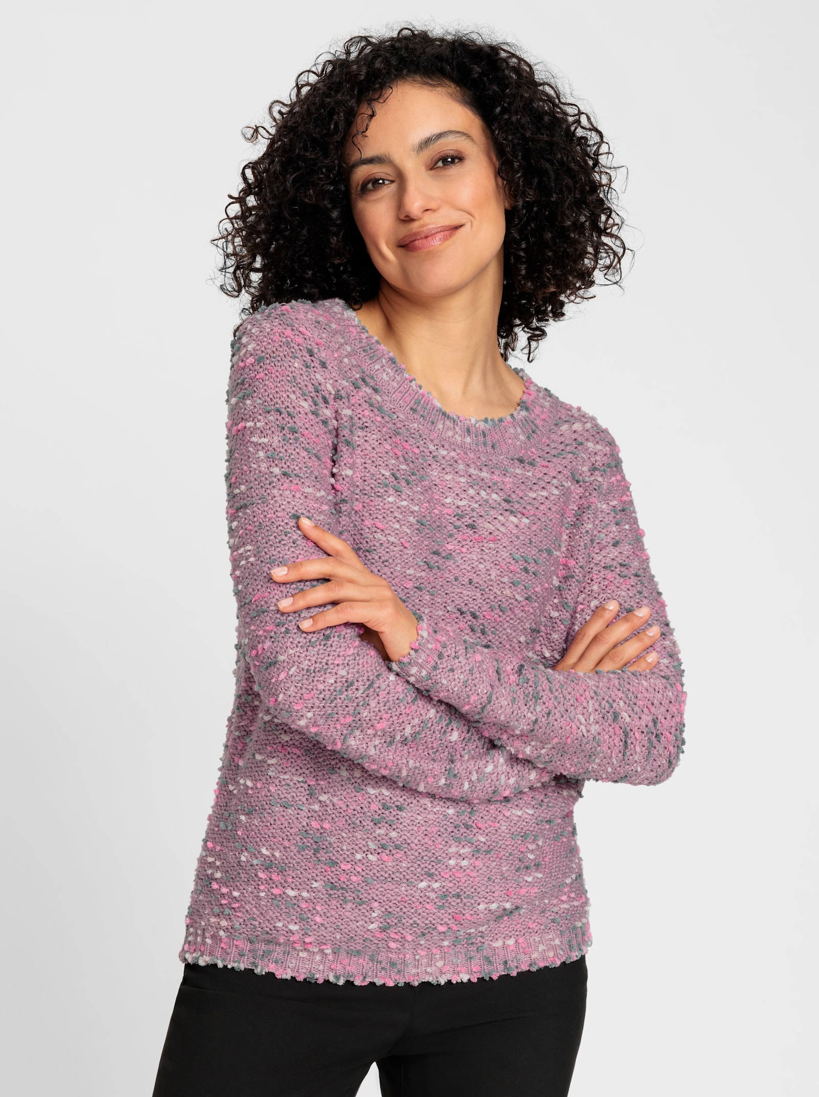 Bouclé-Pullover in Linksstrick - mauve-meliert