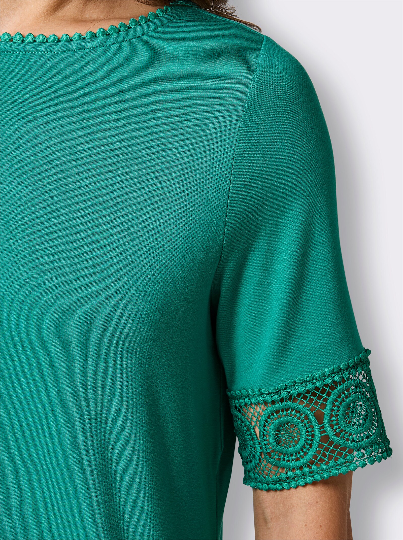CREATION L PREMIUM Kurzarmshirt mit Spitze - smaragd