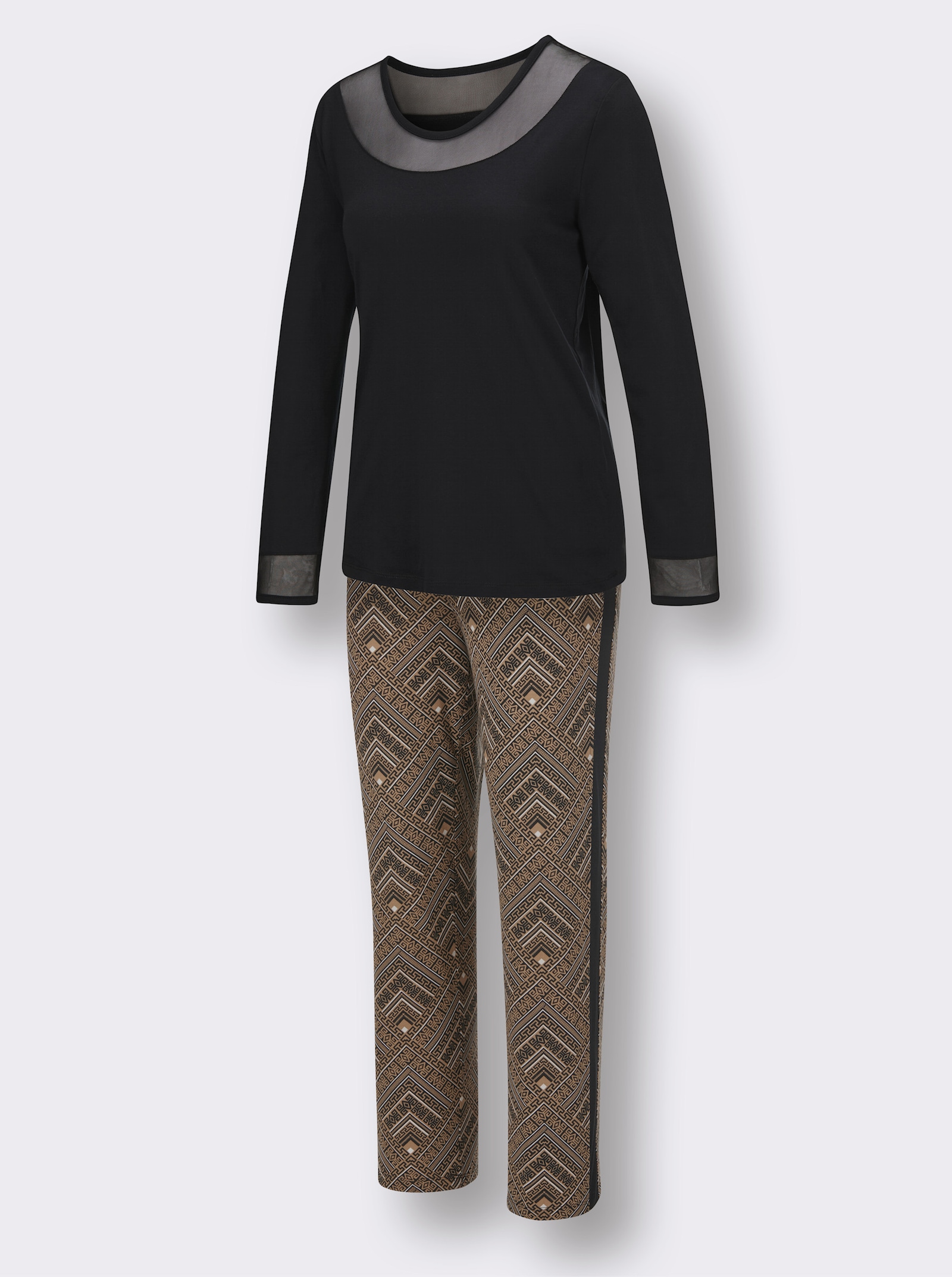 wäschepur Schlafanzug mit Mesh-Einsätzen - schwarz-camel-bedruckt