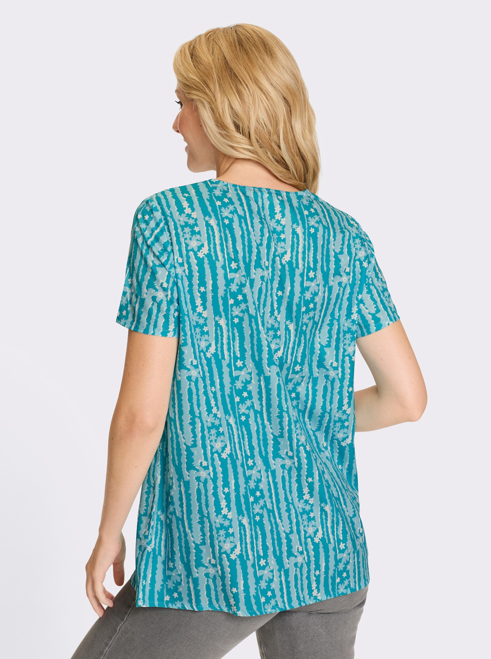 Tunika in ausgestellter Schlupfform - türkis-ecru-bedruckt