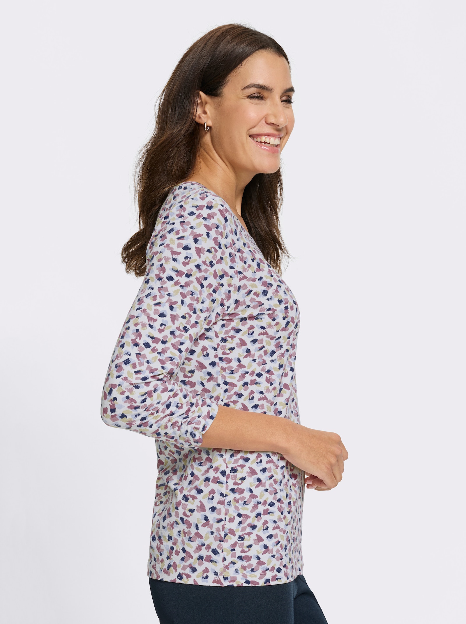 Print-Shirt mit Raffung am Ärmel - ecru-mauve-bedruckt