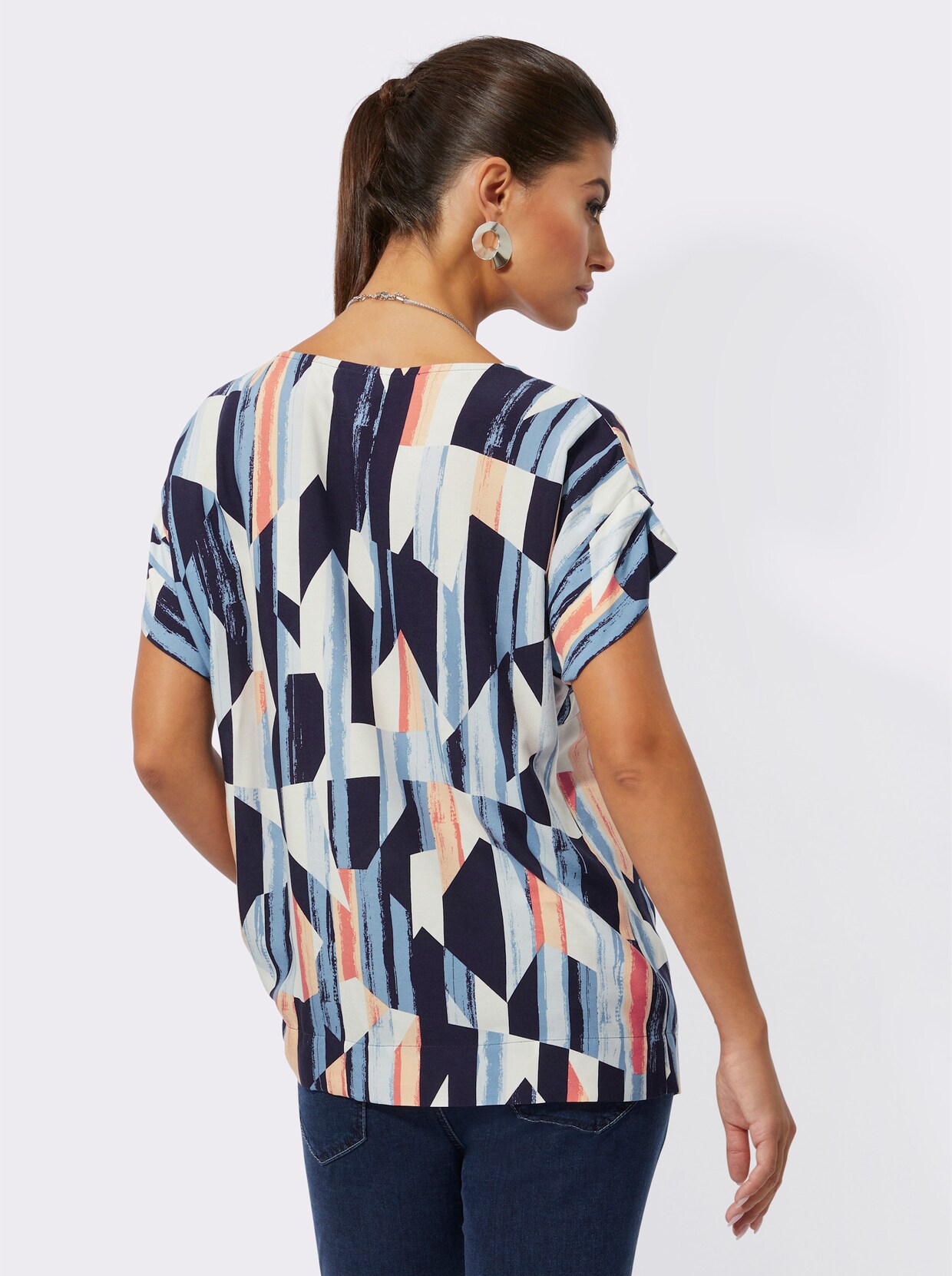 Druckbluse - mittelblau-papaya-bedruckt