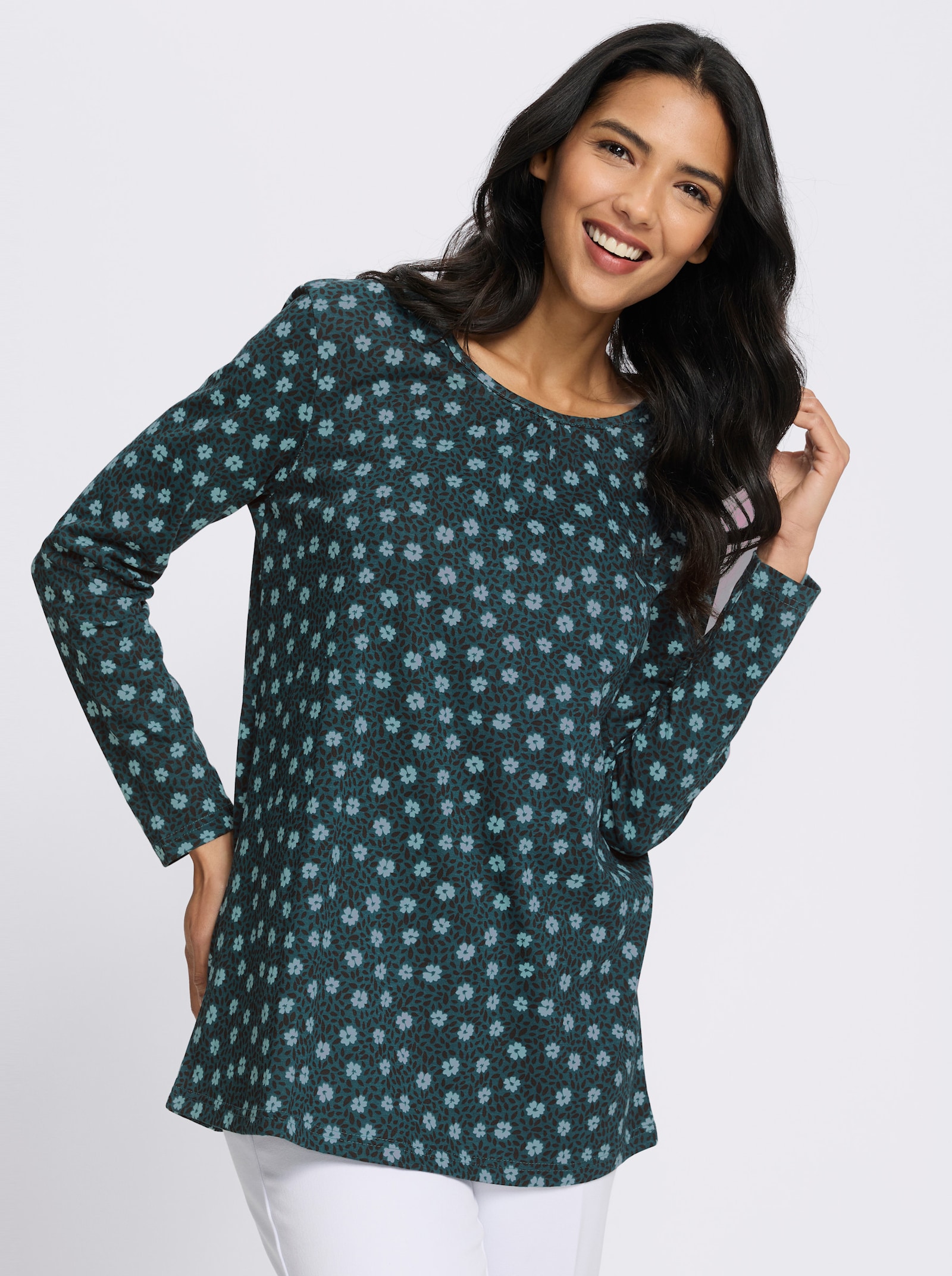 Longshirt in A-Linie - petrol-salbei-bedruckt