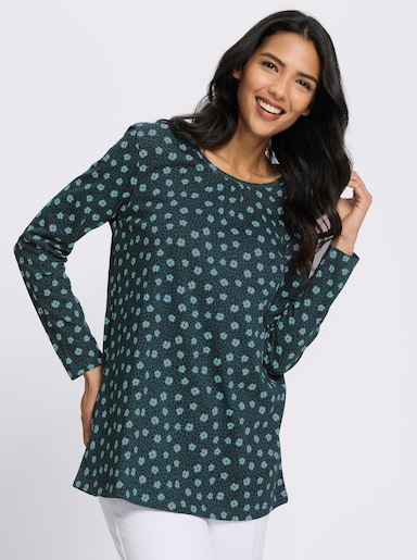 Longshirt in A-Linie - petrol-salbei-bedruckt