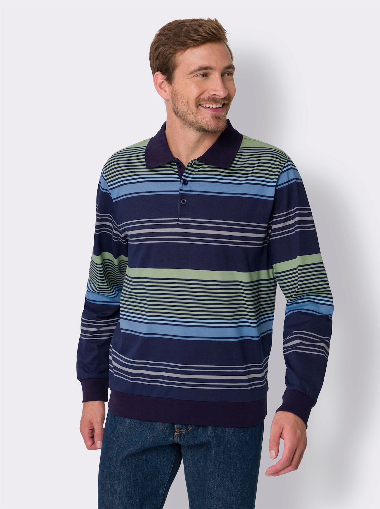 Langarm-Poloshirt - marine-eucalyptus-geringelt