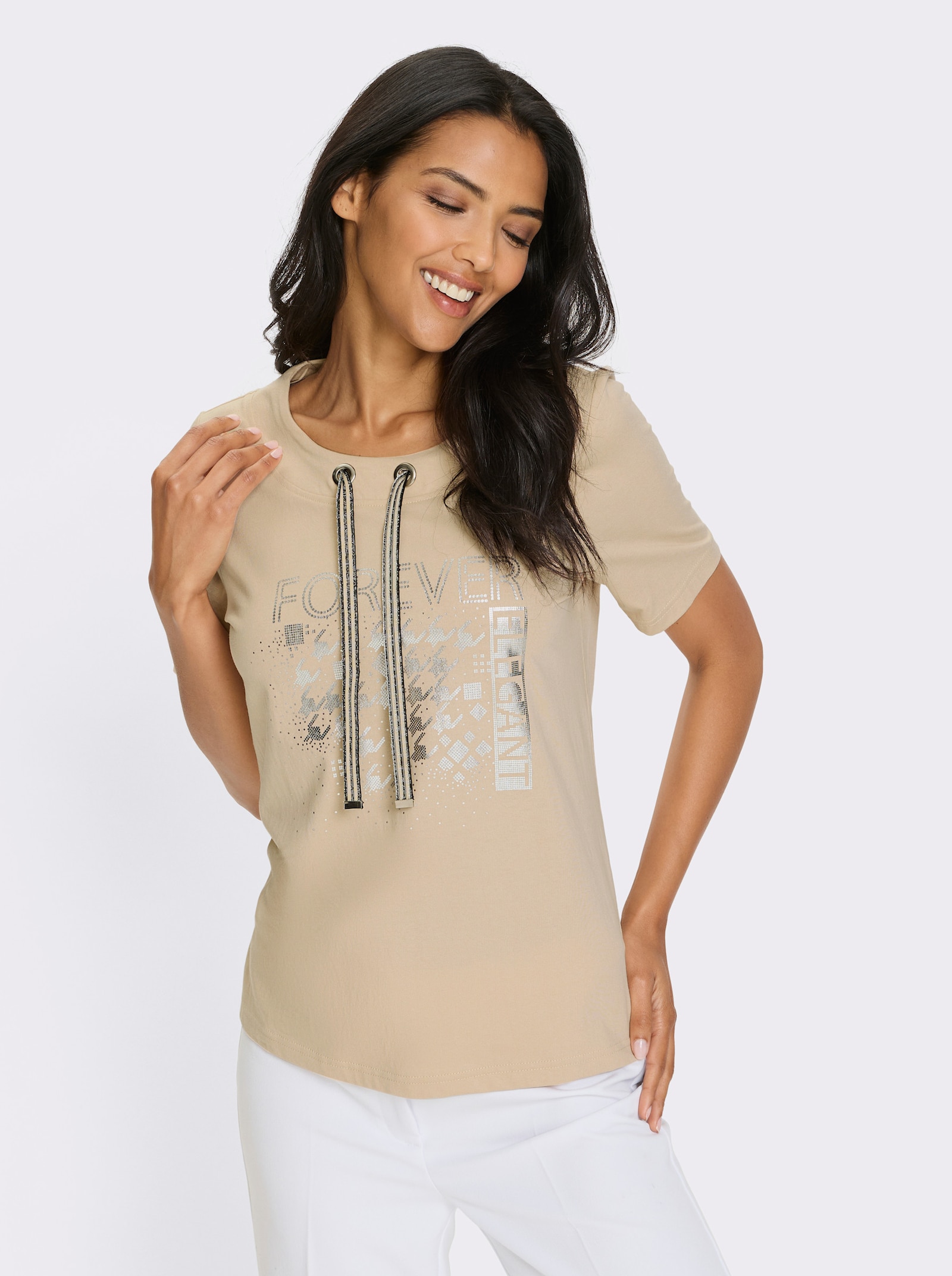 Kurzarmshirt mit Glanz-Druck - beige