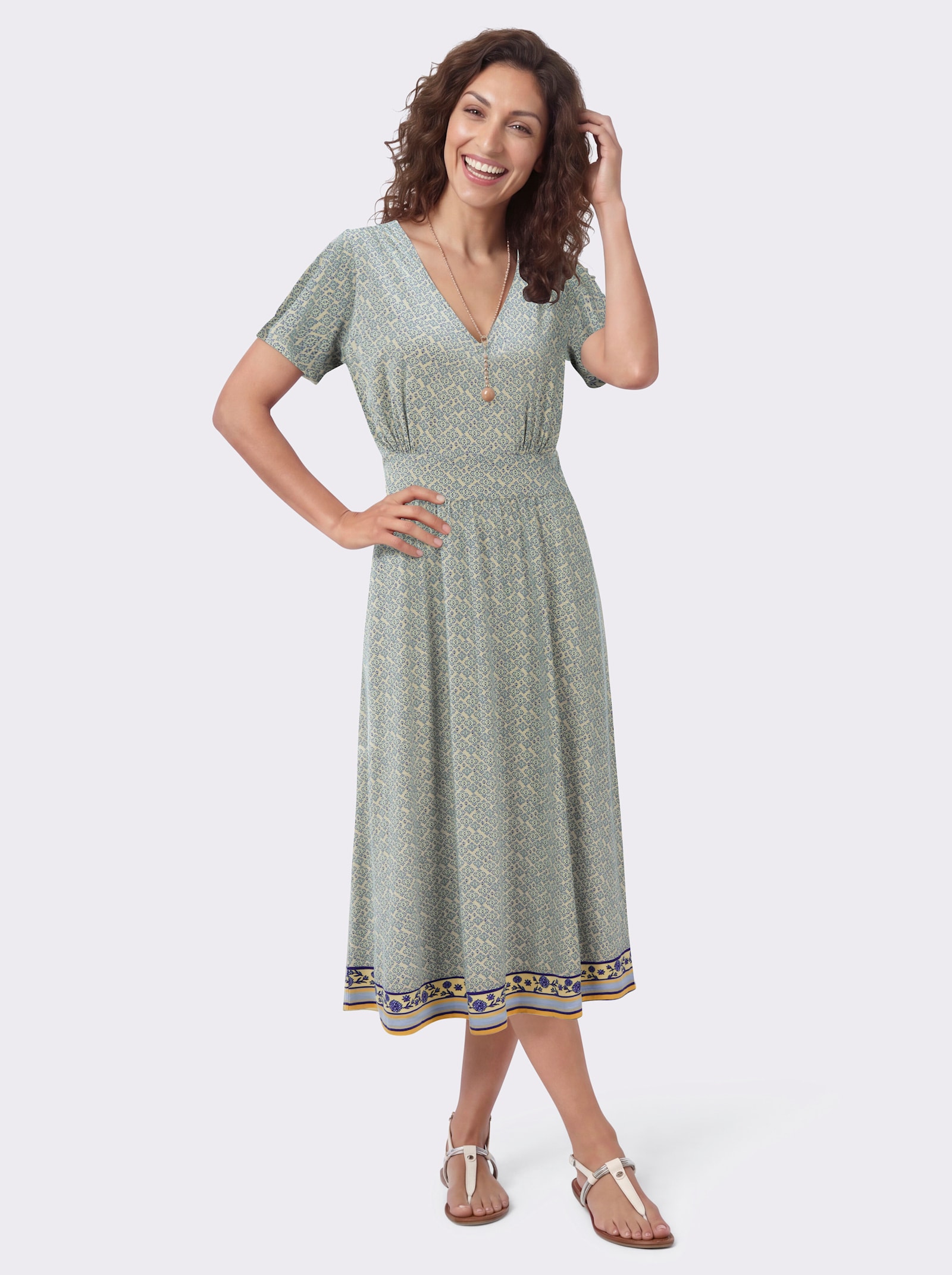 Druckkleid mit Taillenbetonung - sand-royalblau-bedruckt