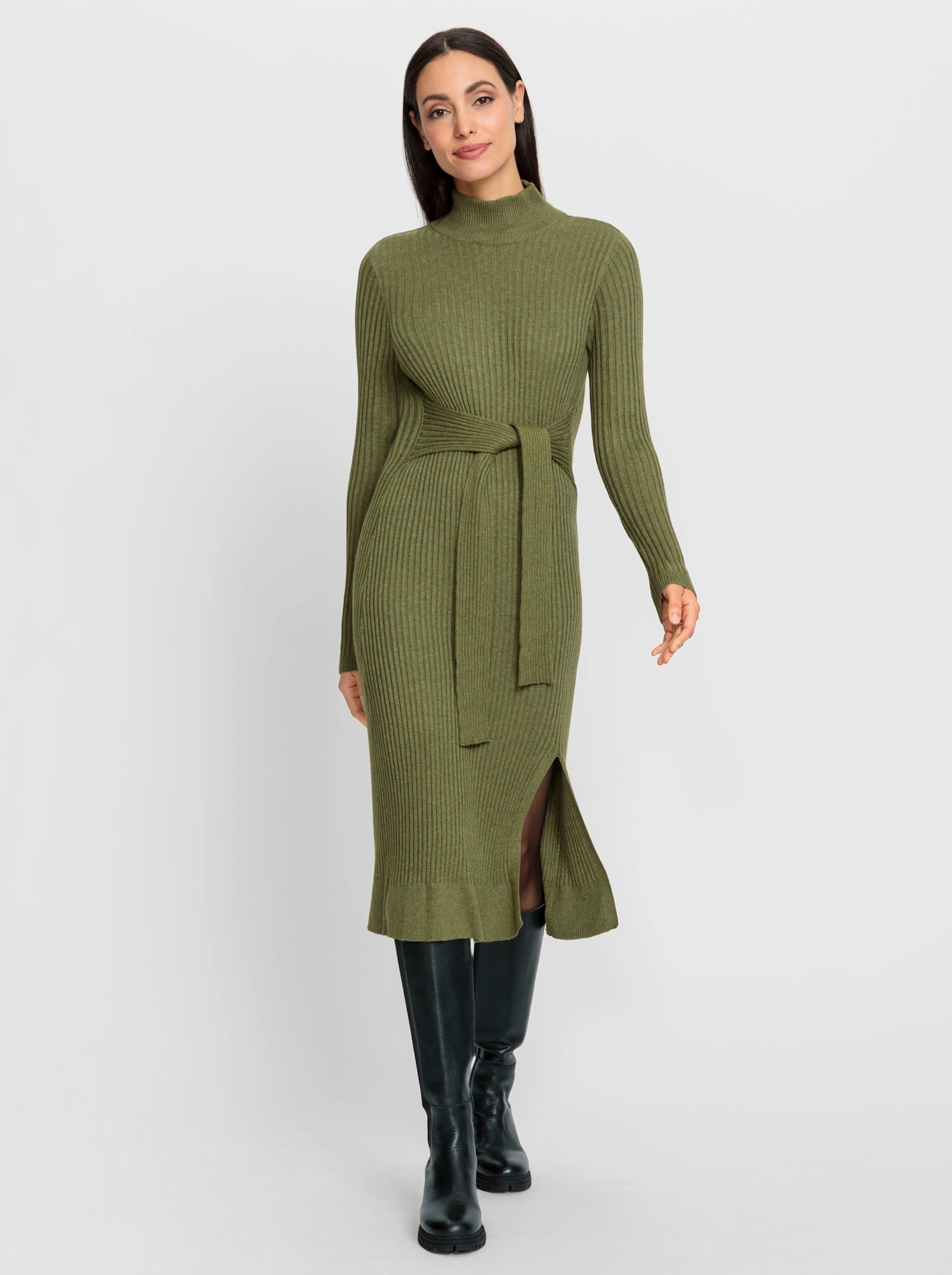 heine Strickkleid mit fixiertem Bindegürtel - oliv-champagner-meliert