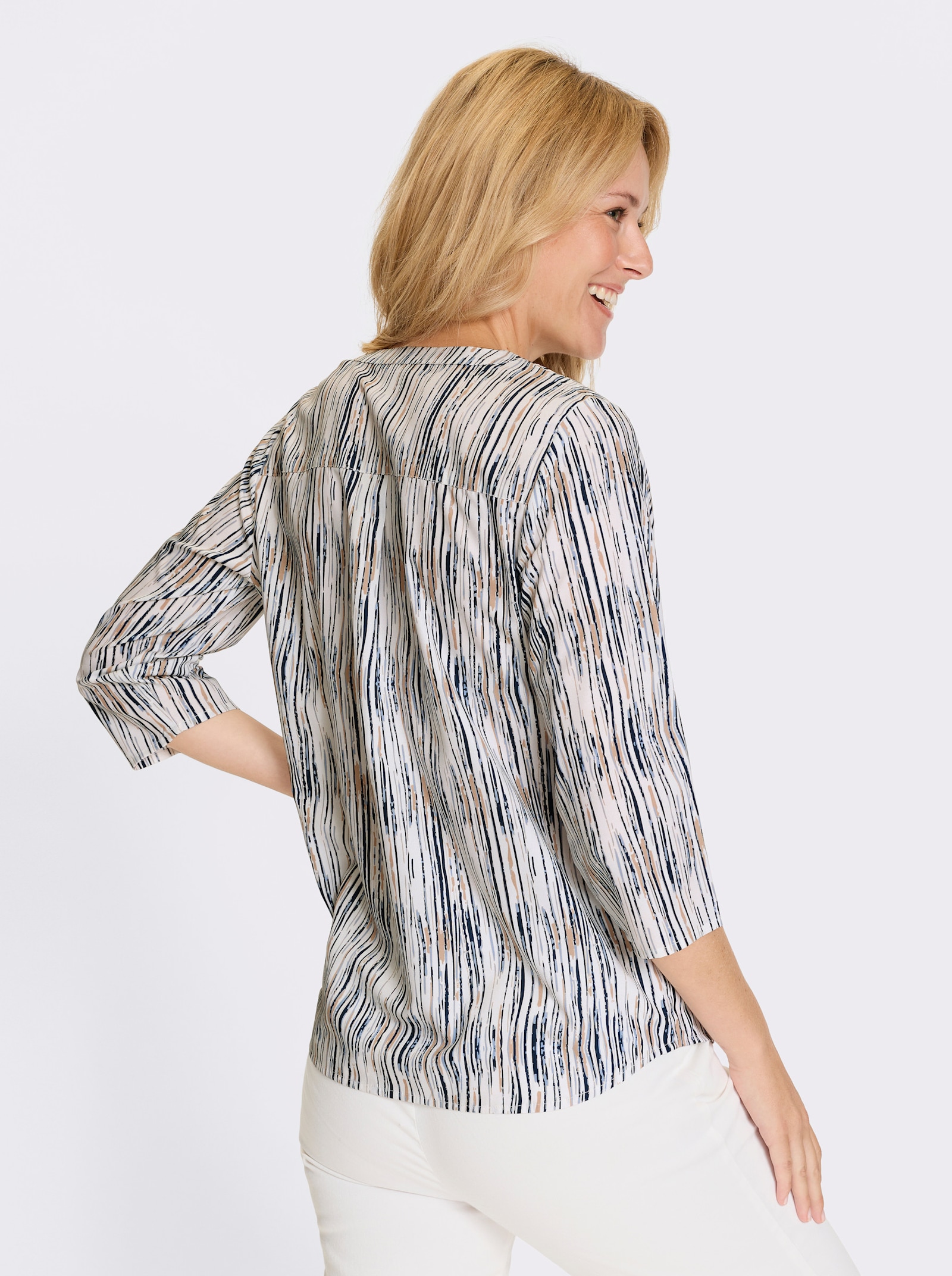 Schlupfbluse im Streifen-Dessin - ecru-dunkelblau-bedruckt