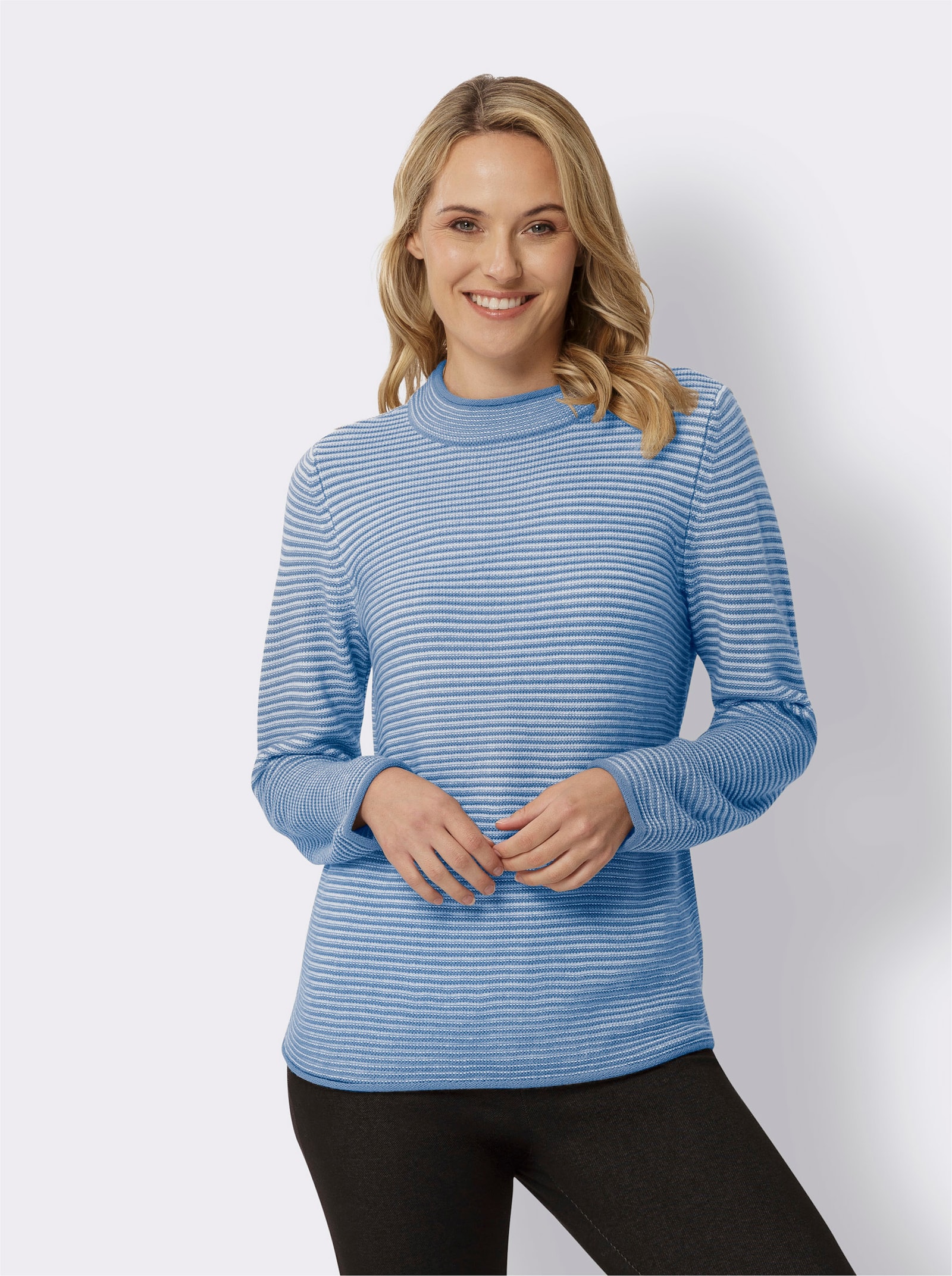 Stehkragenpullover mit Streifen-Muster - mittelblau-ecru-geringelt