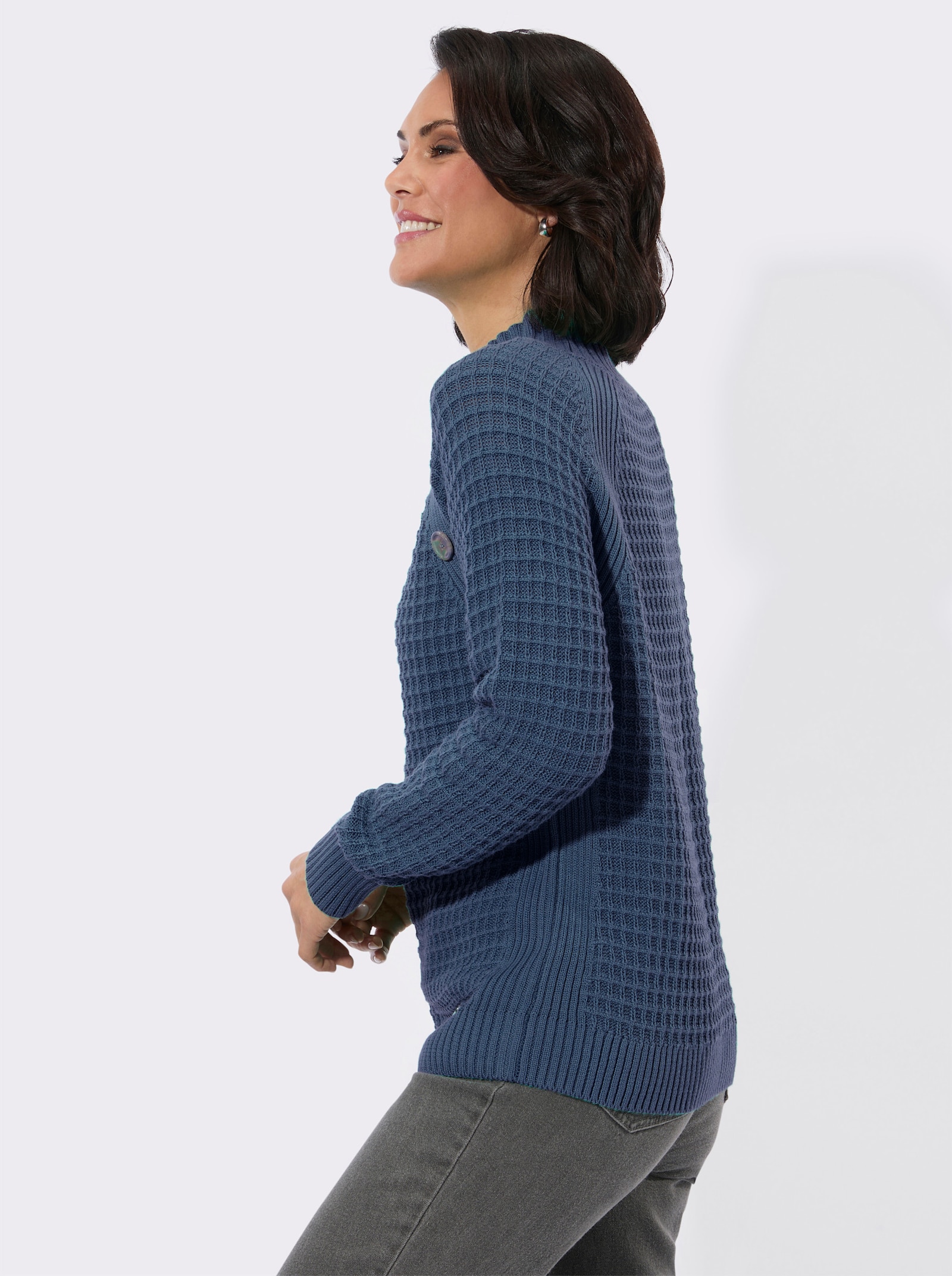 Stehkragenpullover mit Zierknöpfen - jeansblau