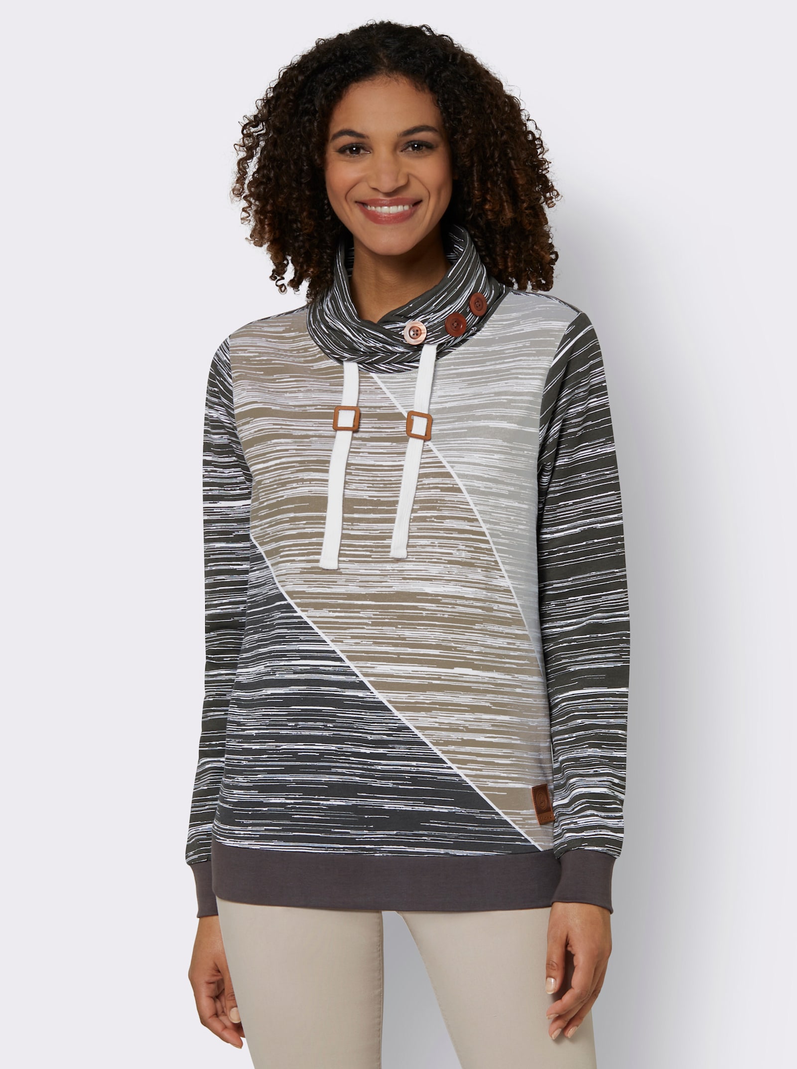Sweatshirt mit elastischen Bündchen - graphit-ecru-bedruckt