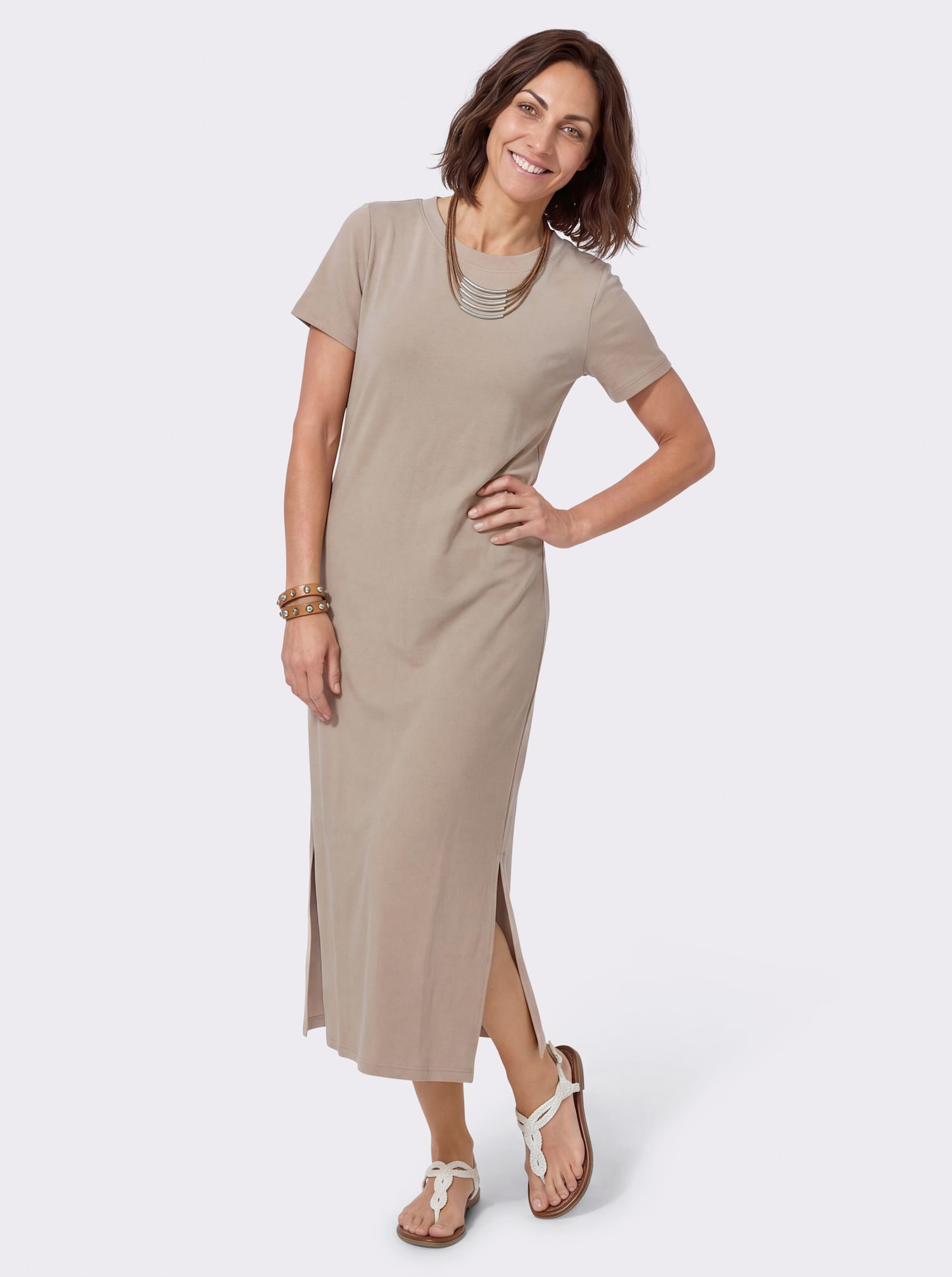 Jerseykleid mit Seitenschlitzen - sesam