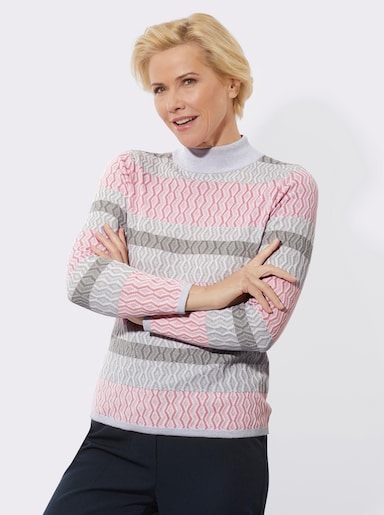 Stehkragenpullover mit Glanzgarn-Fäden - hortensie-hellgrau-gemustert