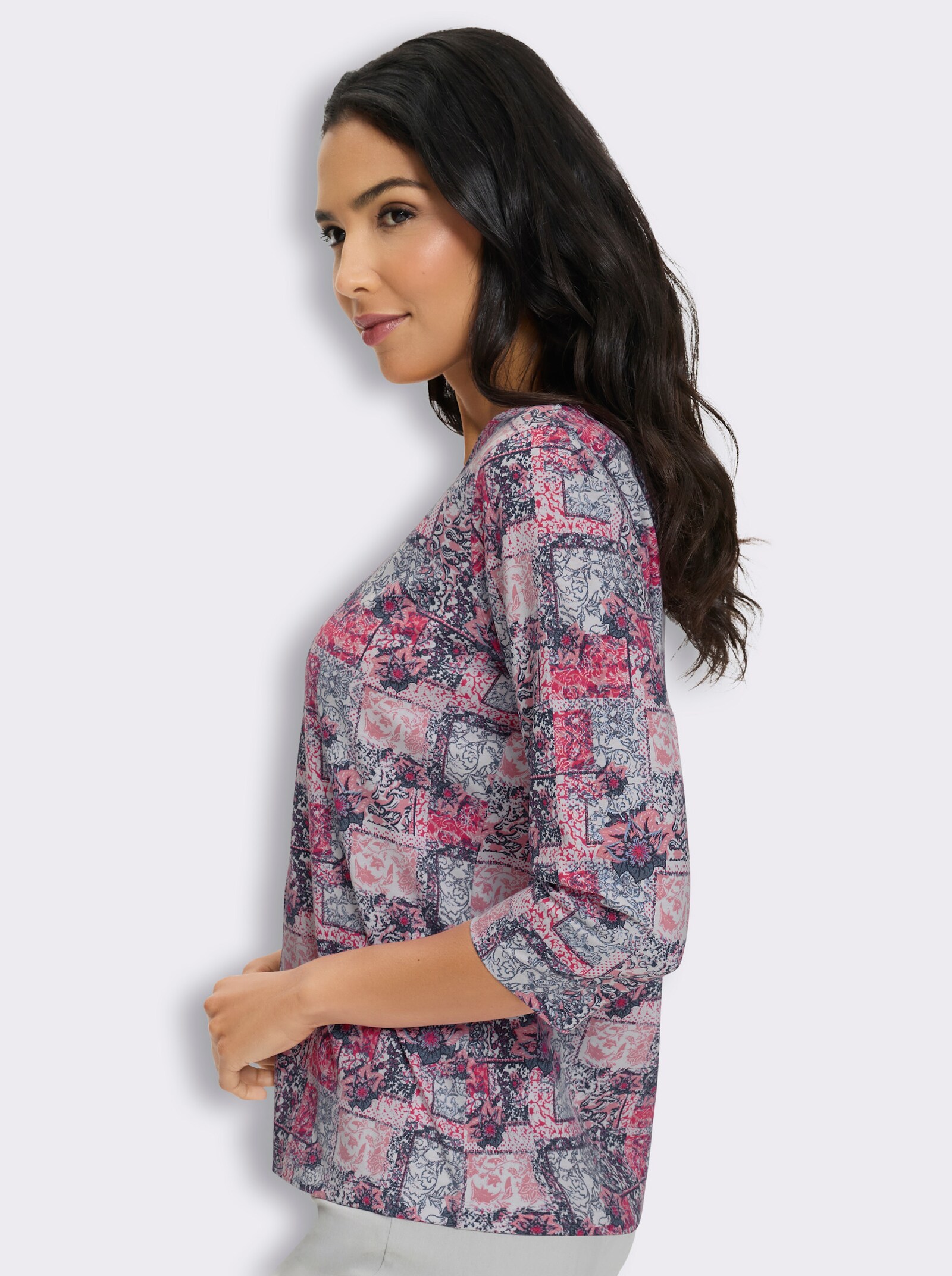 3/4-Arm-Shirt in Patchwork-Optik - fuchsia-rauchblau-bedruckt