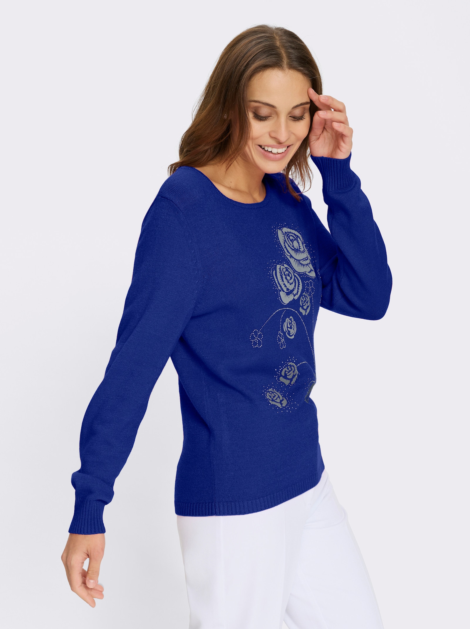 Rundhalspullover mit Flockprint - royalblau