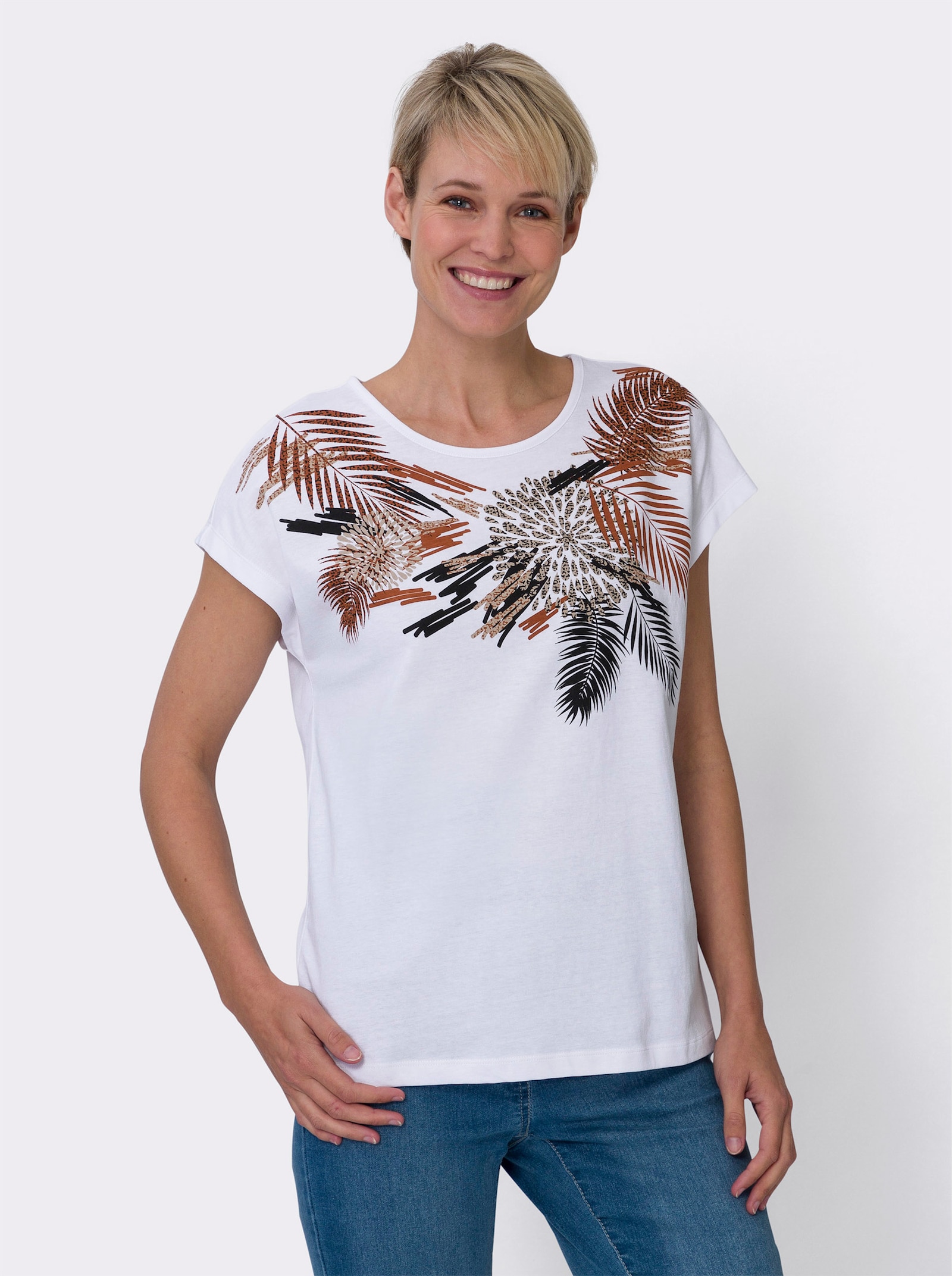 Shirt met korte mouwen van puur katoen - wit/cognac