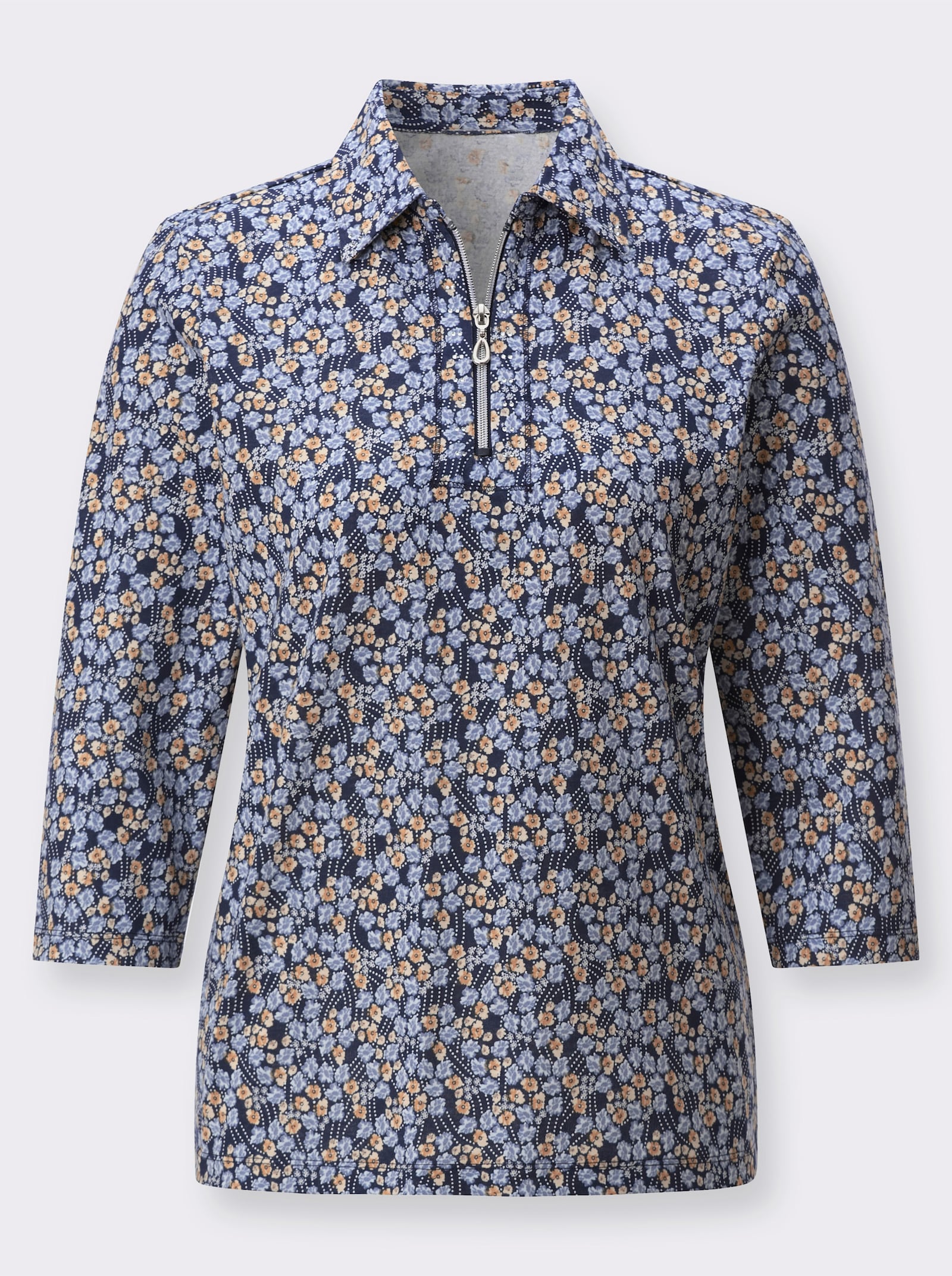 Poloshirt mit Glitzersteinchen - marine-vanille-bedruckt