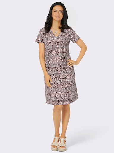 Druckkleid mit asymmetrischer Zierknopfleiste - rotbraun-ecru-bedruckt