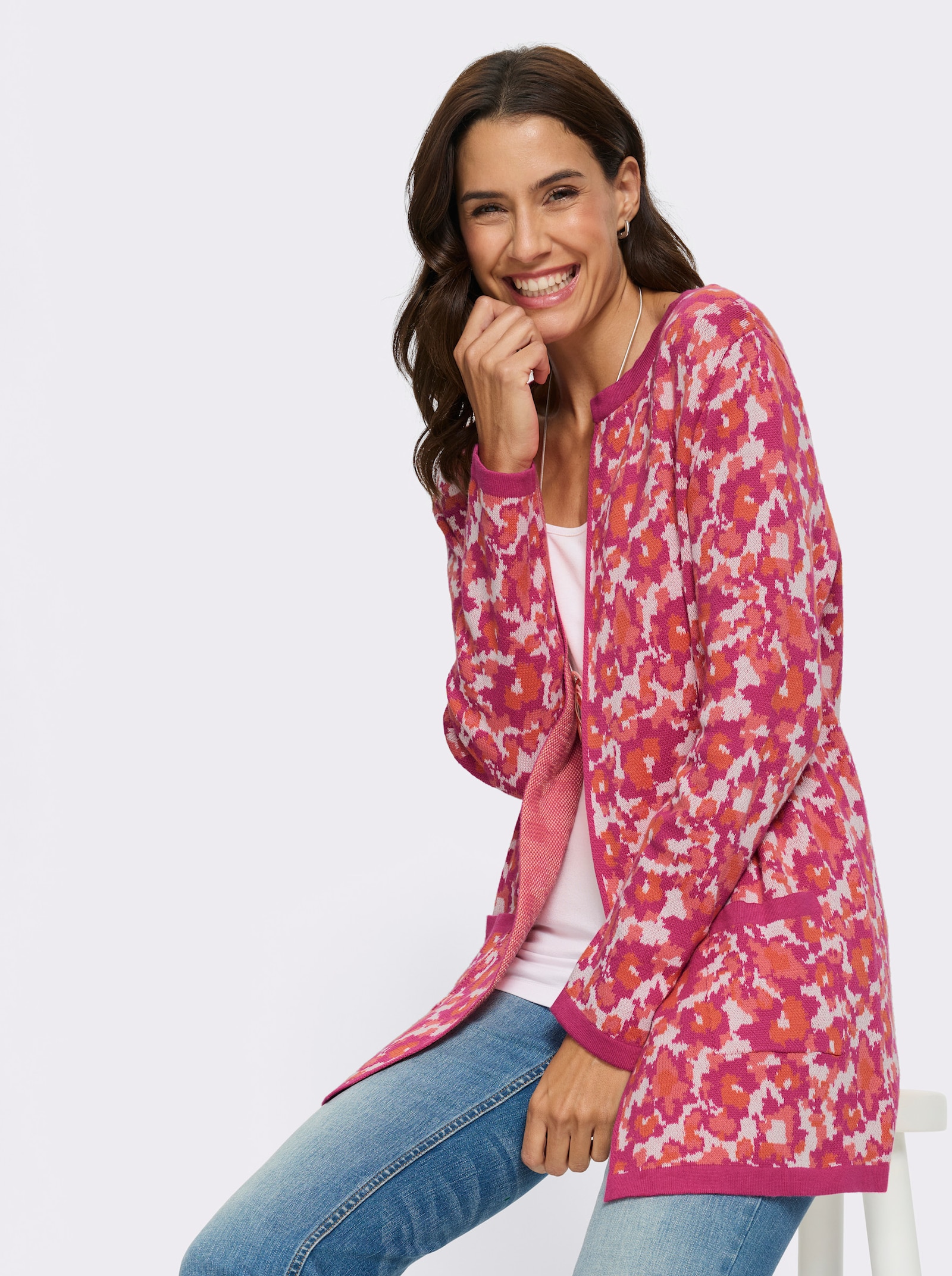 Jacquardstrickjacke mit 2 Taschen - fuchsia-koralle-gemustert