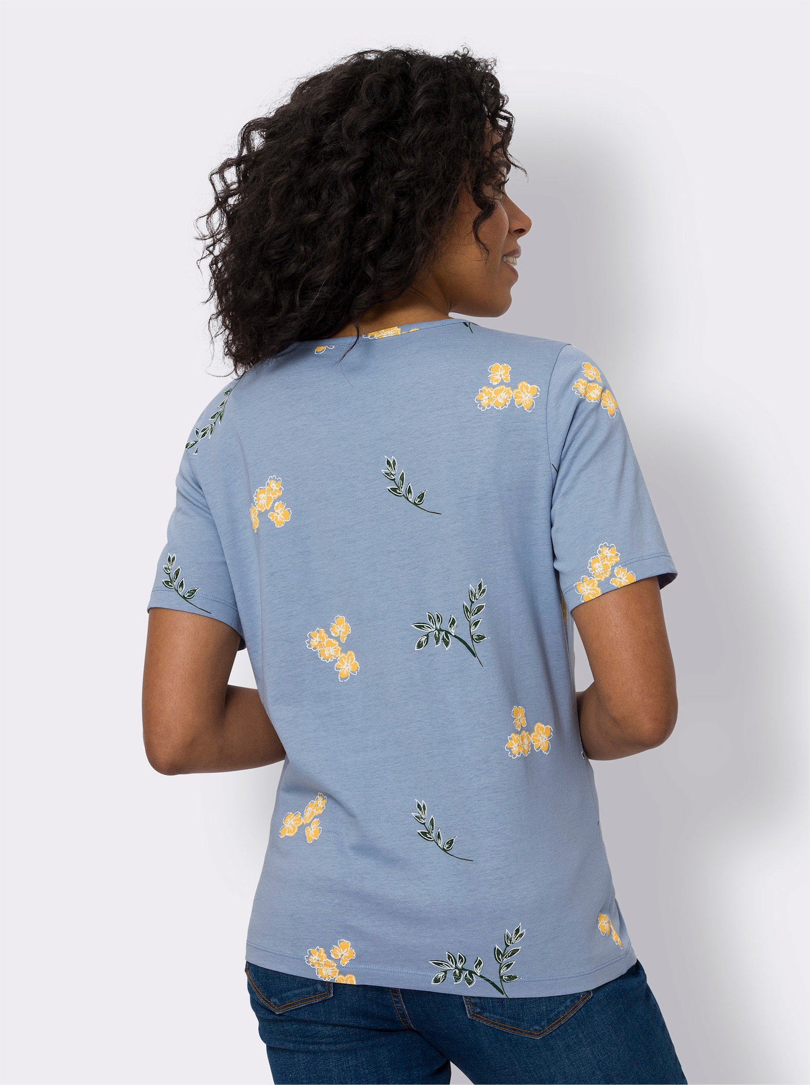 Kurzarmshirt mit Blüten- und Blätter-Print - bleu-weiss-bedruckt