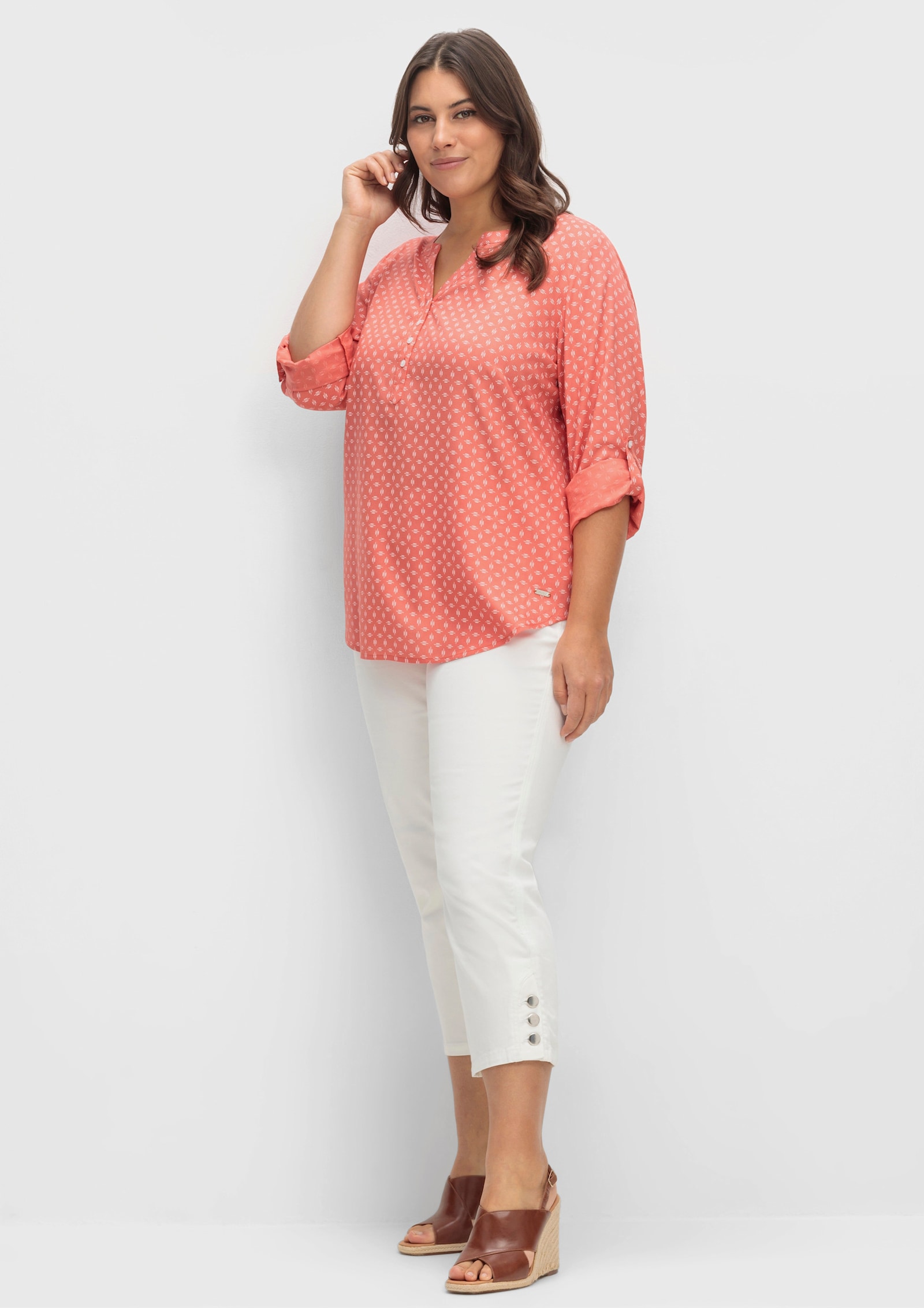 Schlupf-Bluse mit Minimal-Muster - koralle-weiß-bedruckt