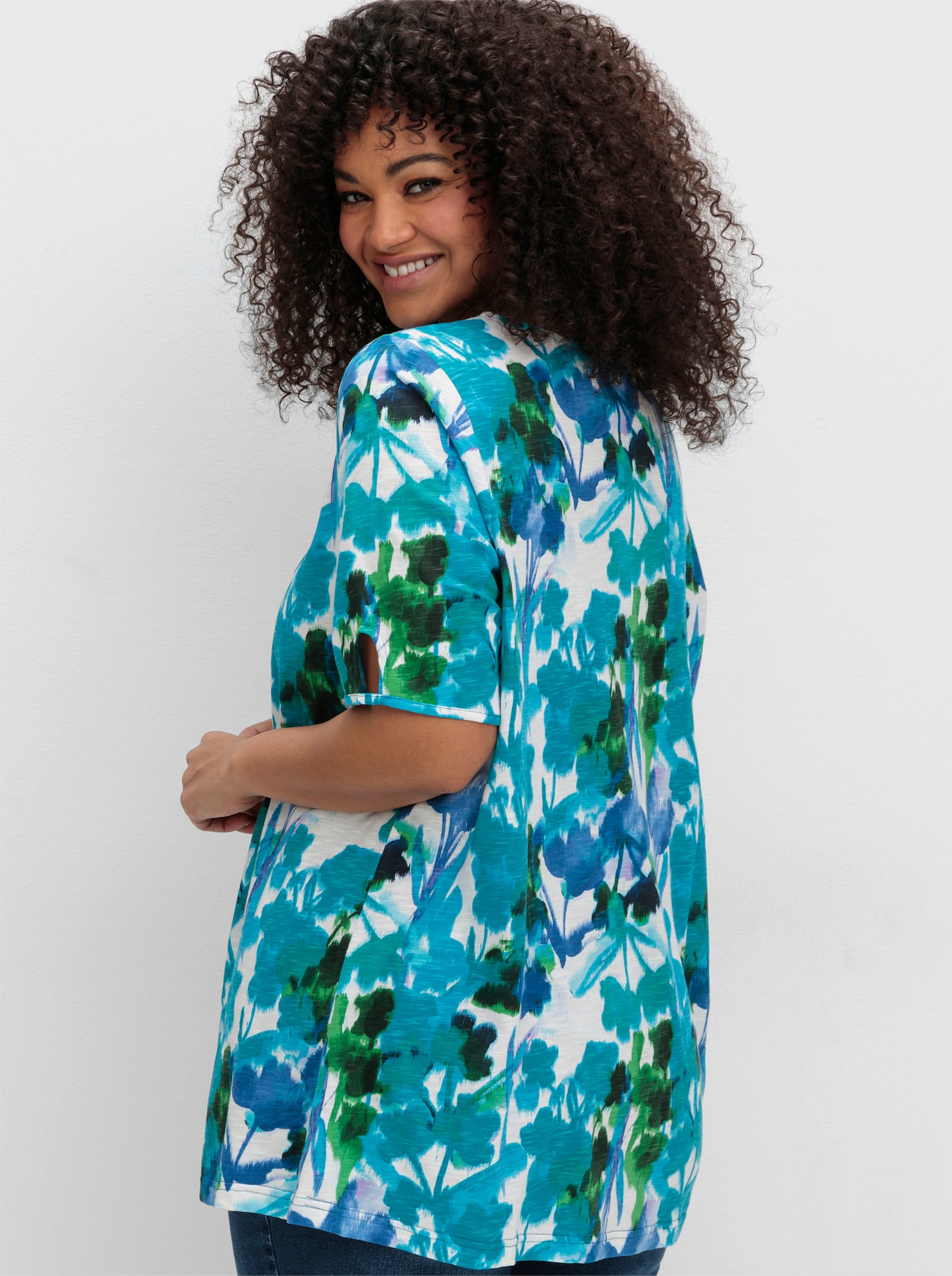 sheego Kurzarmshirt in A-Linie - türkis-gemustert