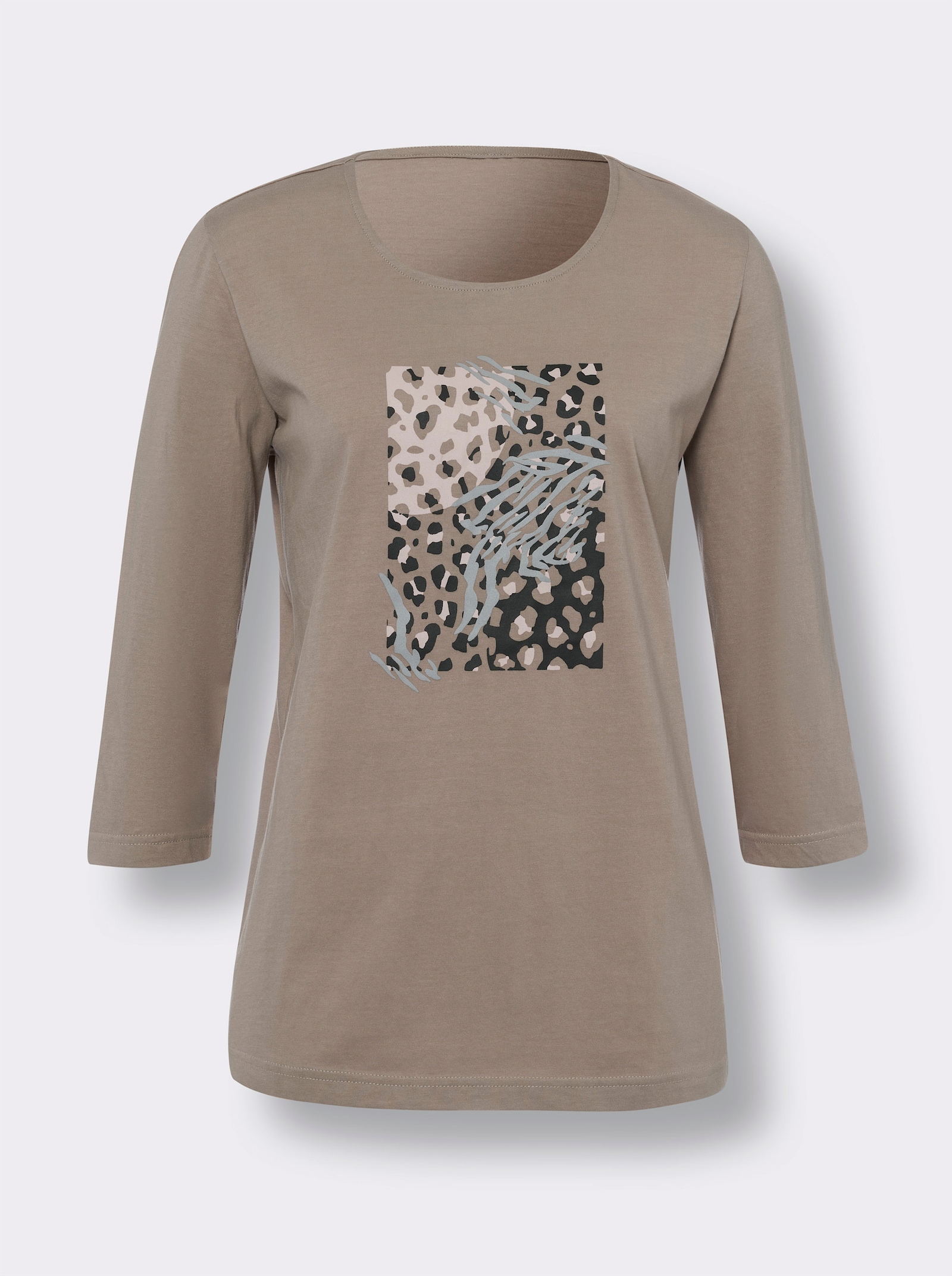 Shirt met ronde hals en op dessin geplaatste luipaardprint - sesam/grafiet bedrukt