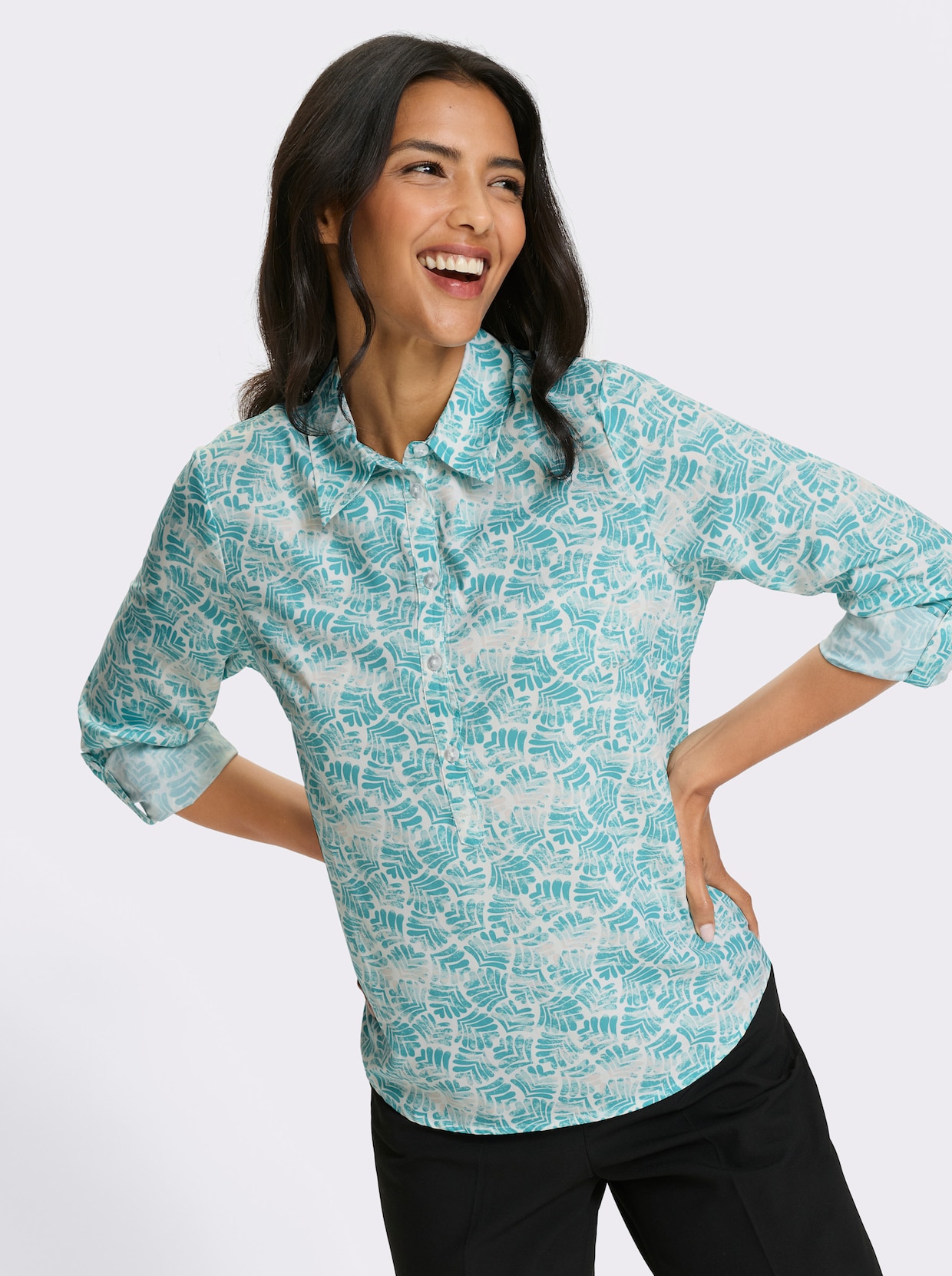 Langarm-Bluse - mint-weiß-bedruckt