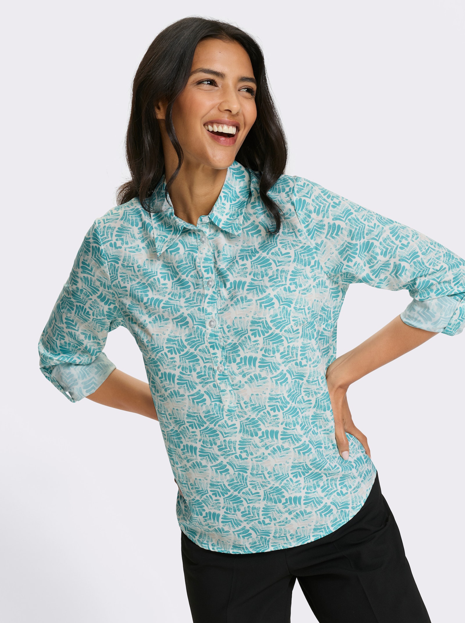 Langarm-Bluse in Schlupfform - mint-weiss-bedruckt