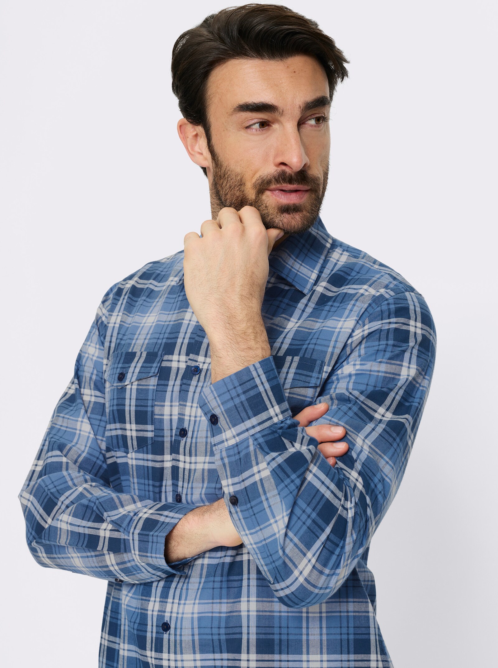 Catamaran Langarmhemd mit garngefärbtem Muster - mittelblau-kariert