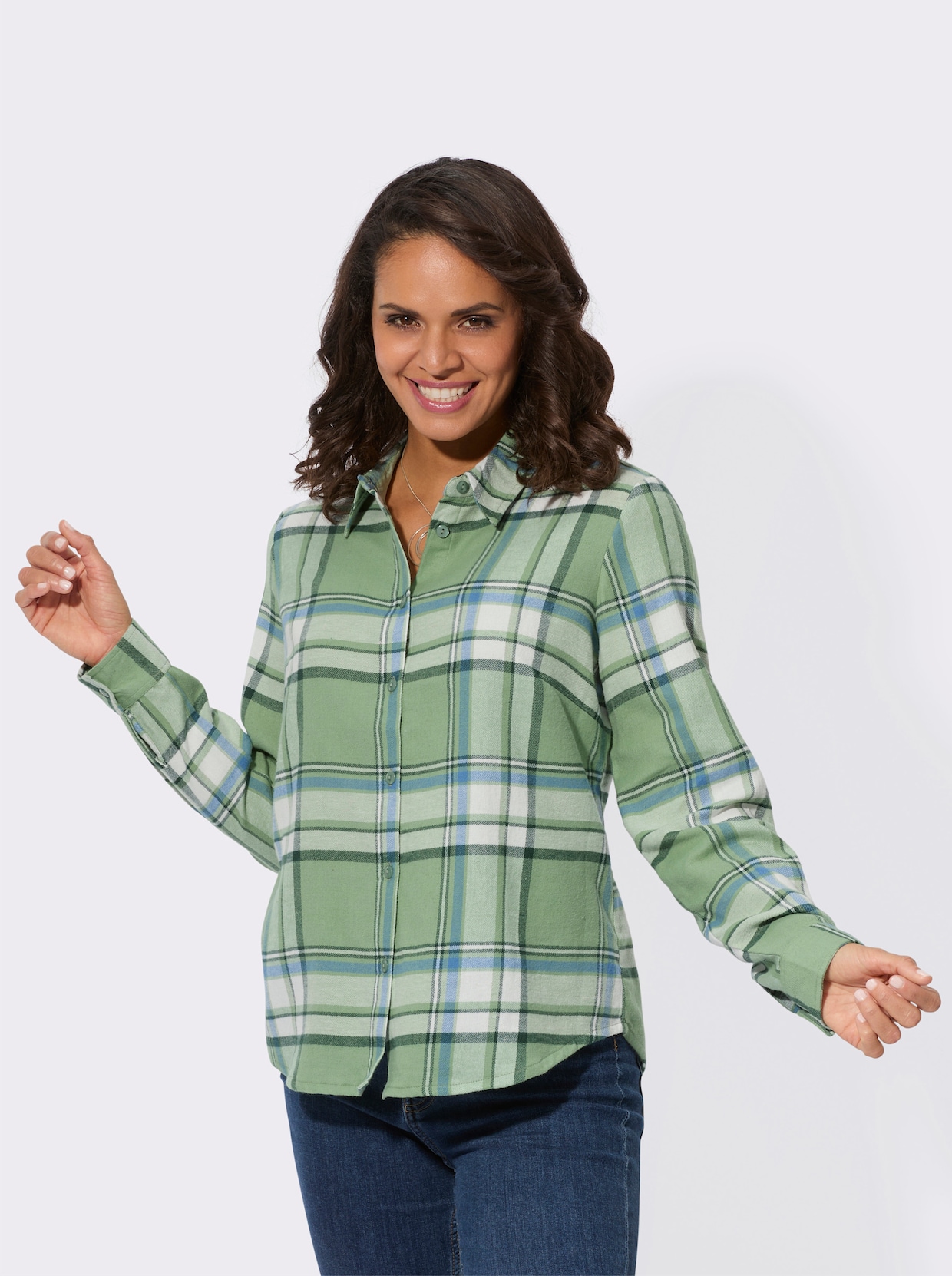 Flanellen blouse - eucalyptus/middenblauw geruit