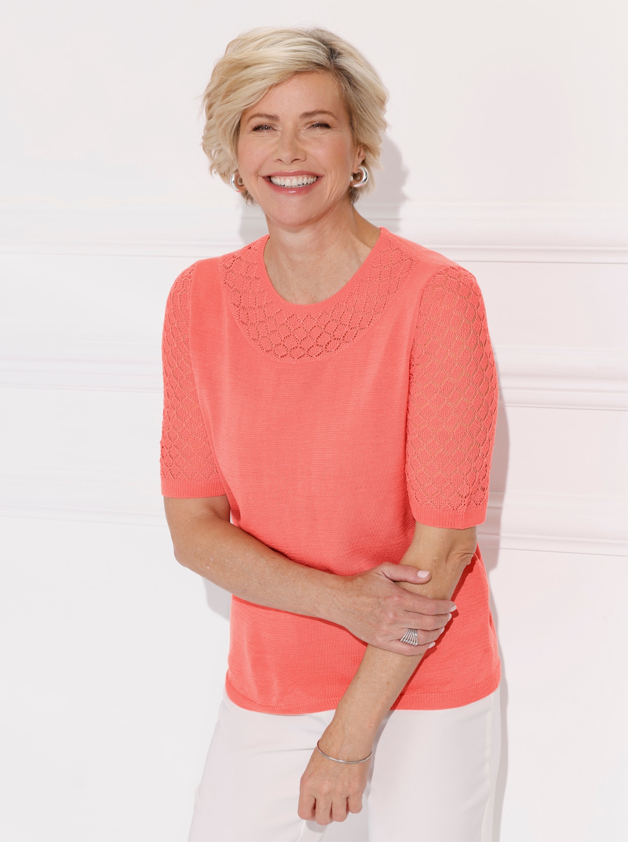 Ajourpullover mit Ripp-Abschlüssen - flamingo